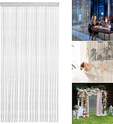 Cortinas blancas con cuentas para puertas de 36 x 77 pulgadas, cortina de cuentas con borlas de cristal para colgar en la puerta, cortinas de