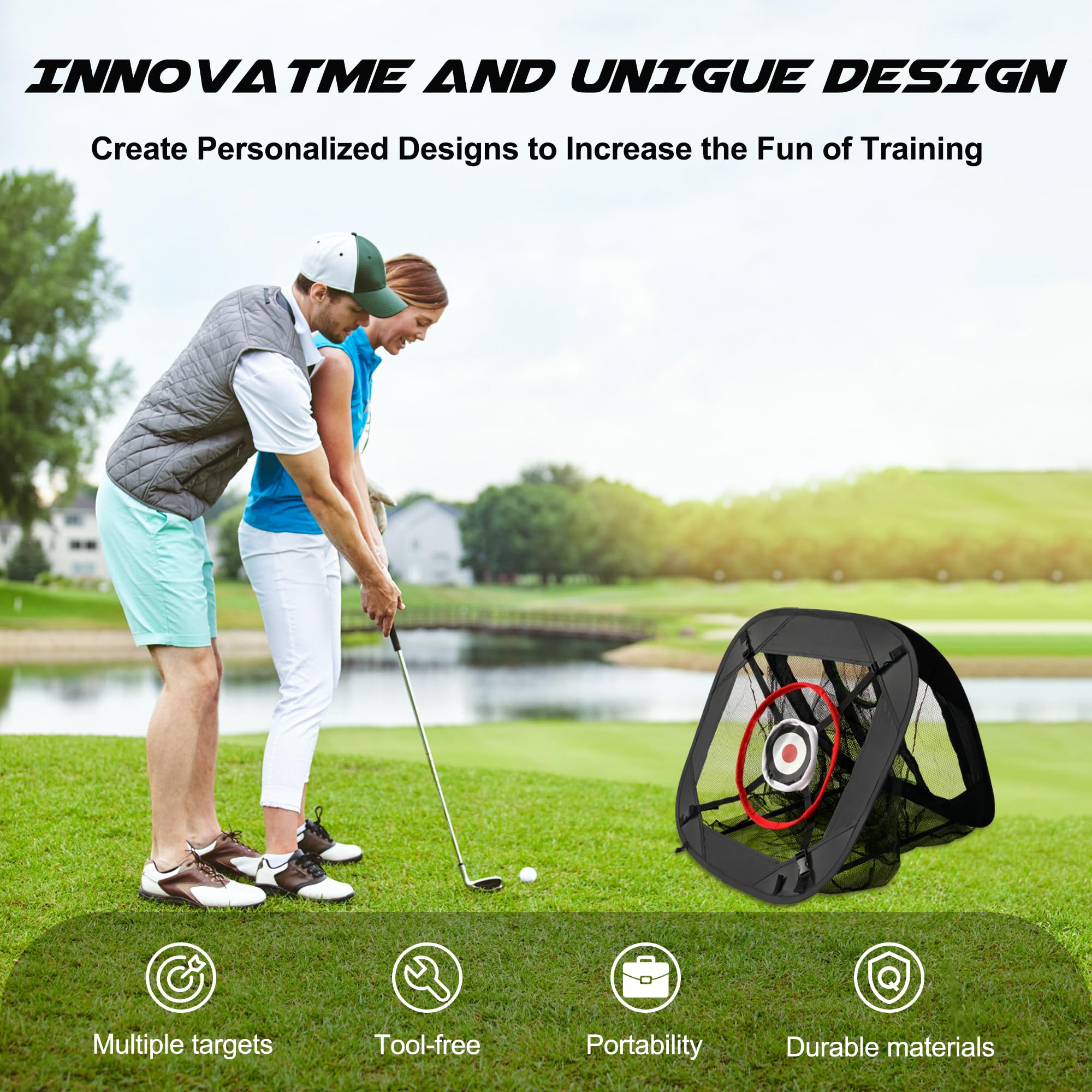 Golfnetze für Garten, Golf Chipping Net 5 Modi Pop Up Übungsnetz mit Matte, 12 Schaumstoffbälle, Tragetasche und Zielscheibe, Schwarz