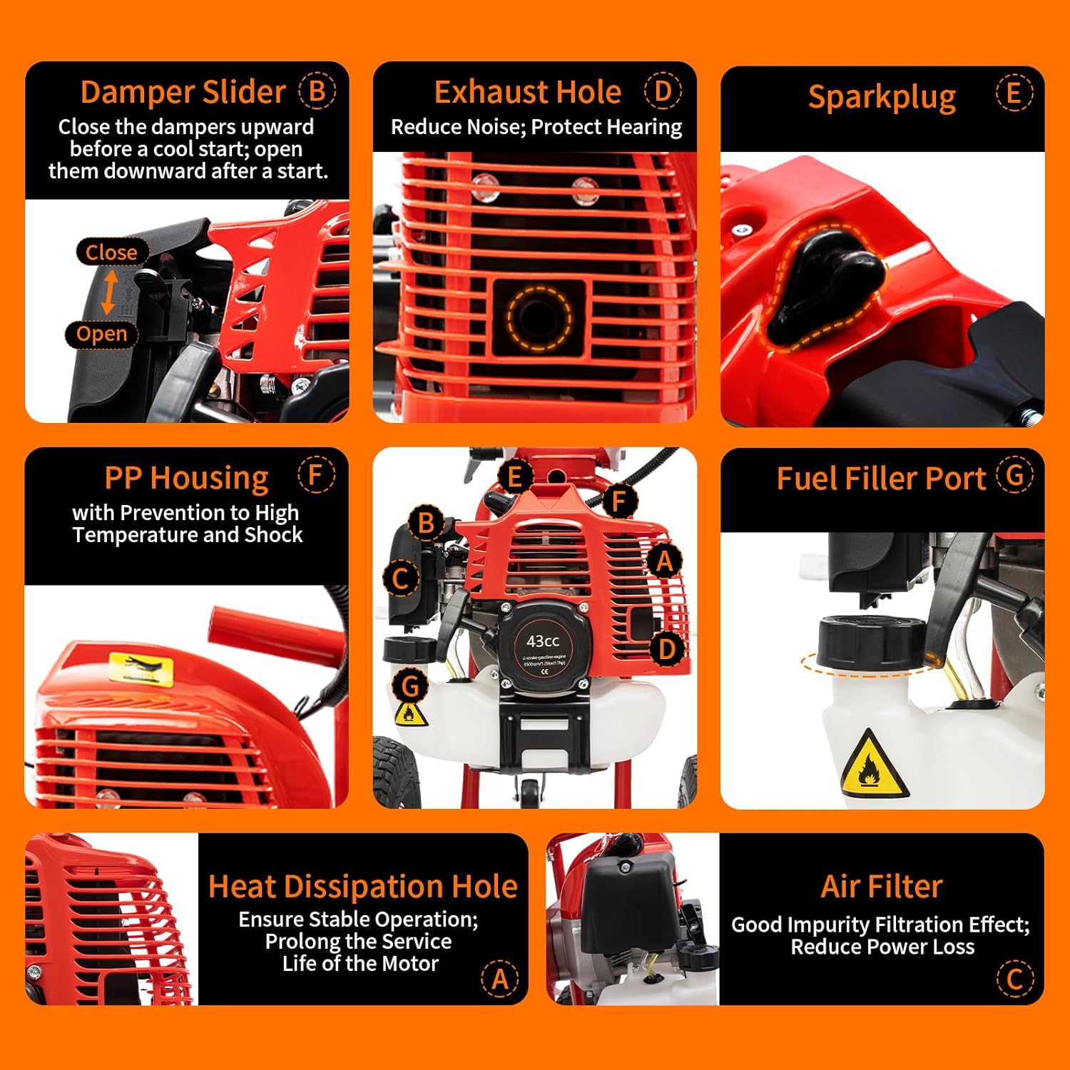 43cc 2-Stroke Gas Power Sweeper Broom, 1.7HP Handheld Gas Power Held Sweeper Broom, Grass Walk Behind Hand Lawn Sweeper with Wheels for Cleaning Driveway Farms Parks Turf