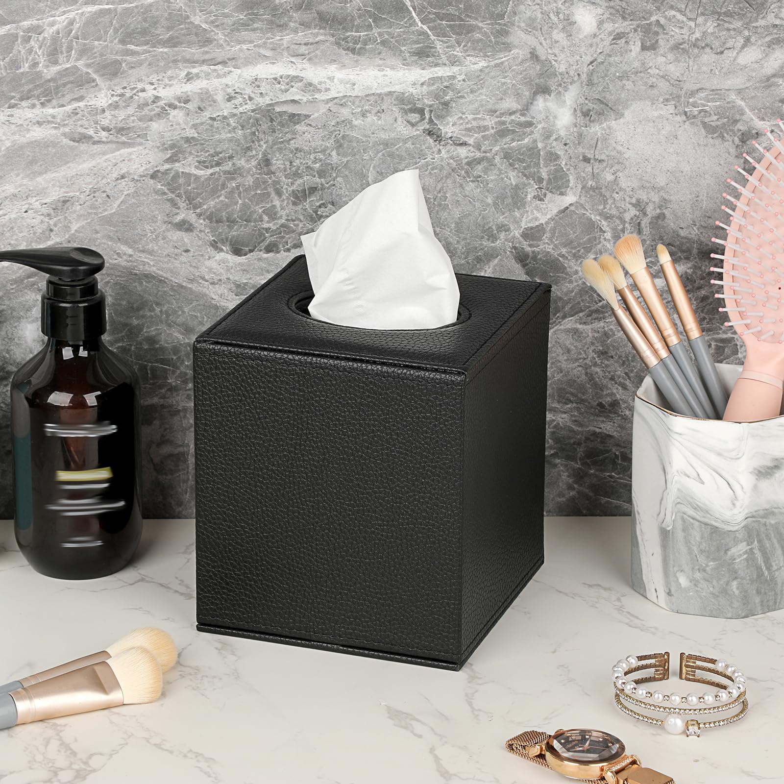 Portafazzoletti In Pelle PU - Cubo 13x13x14 Cm, Design Moderno In Marmo Bianco, Per Casa E Ufficio - Foto 6