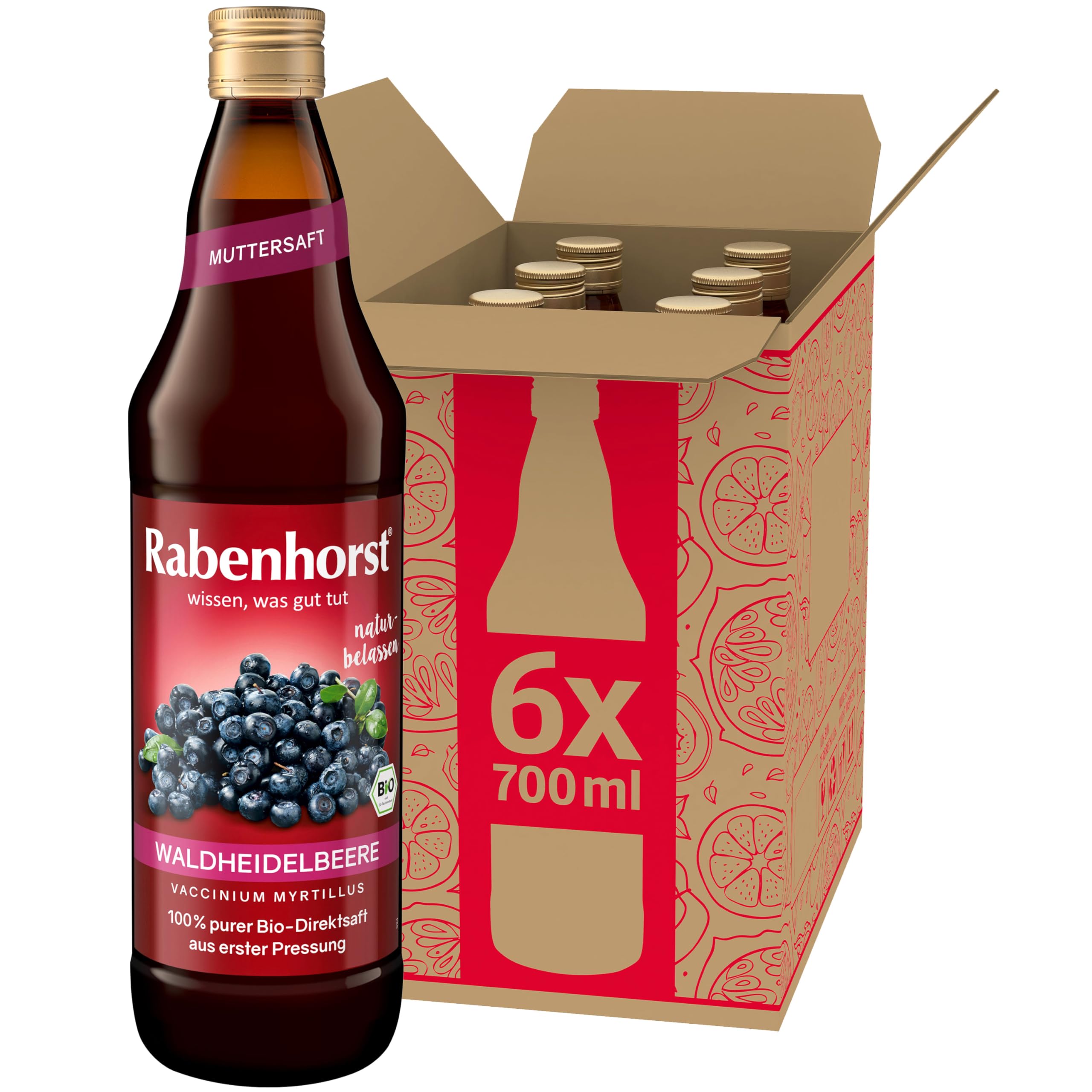 RABENHORST Waldheidelbeere Muttersaft BIO 6er Pack (6 x 700 ml) | 100 % purer Waldheidelbeer-Direktsaft aus erster Pressung