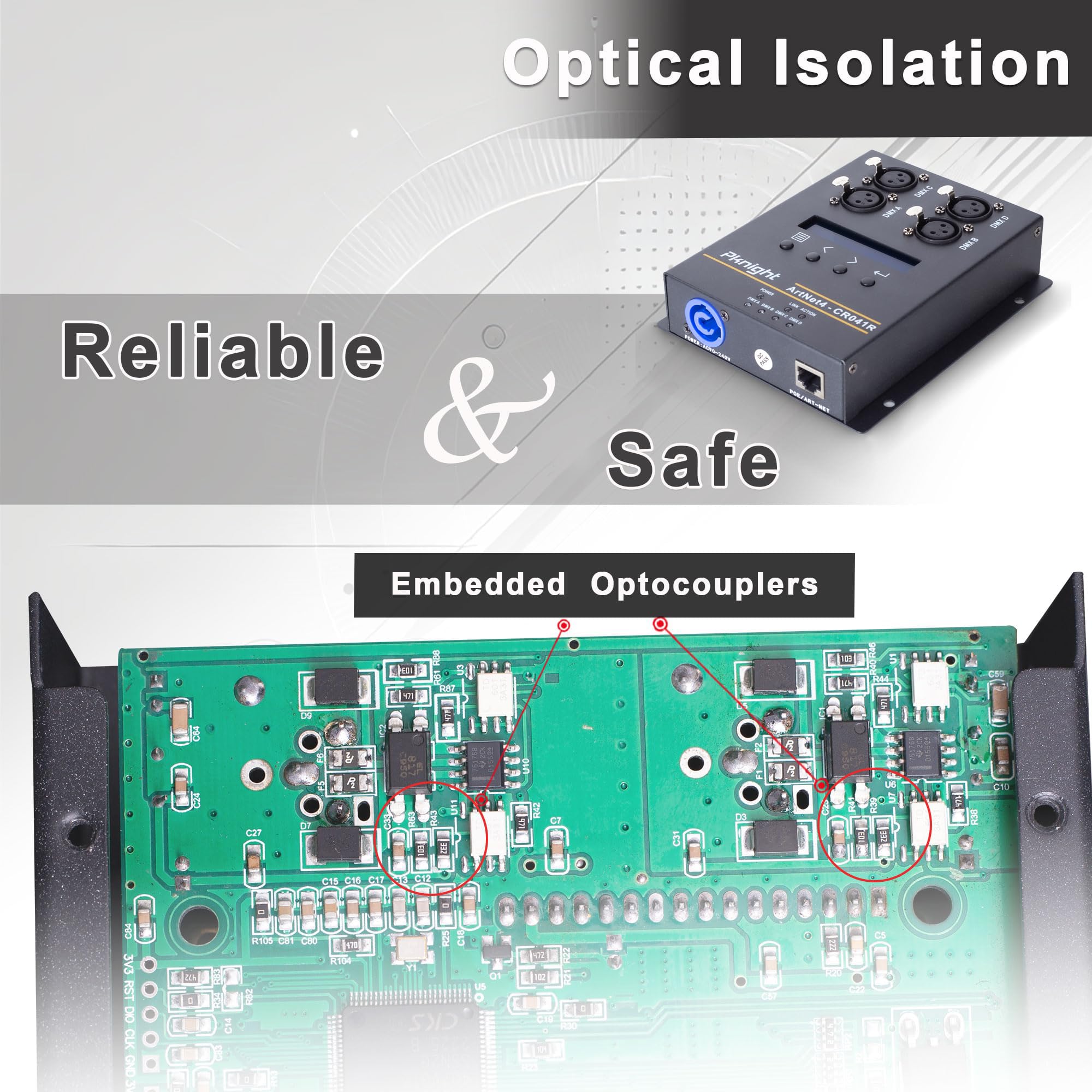 Pknight Interfaccia di Controllo Luci Ethernet ArtNet DMX 2048 Bidirezionale, 4 Universi/Montaggio su Traliccio/PoE CR041R