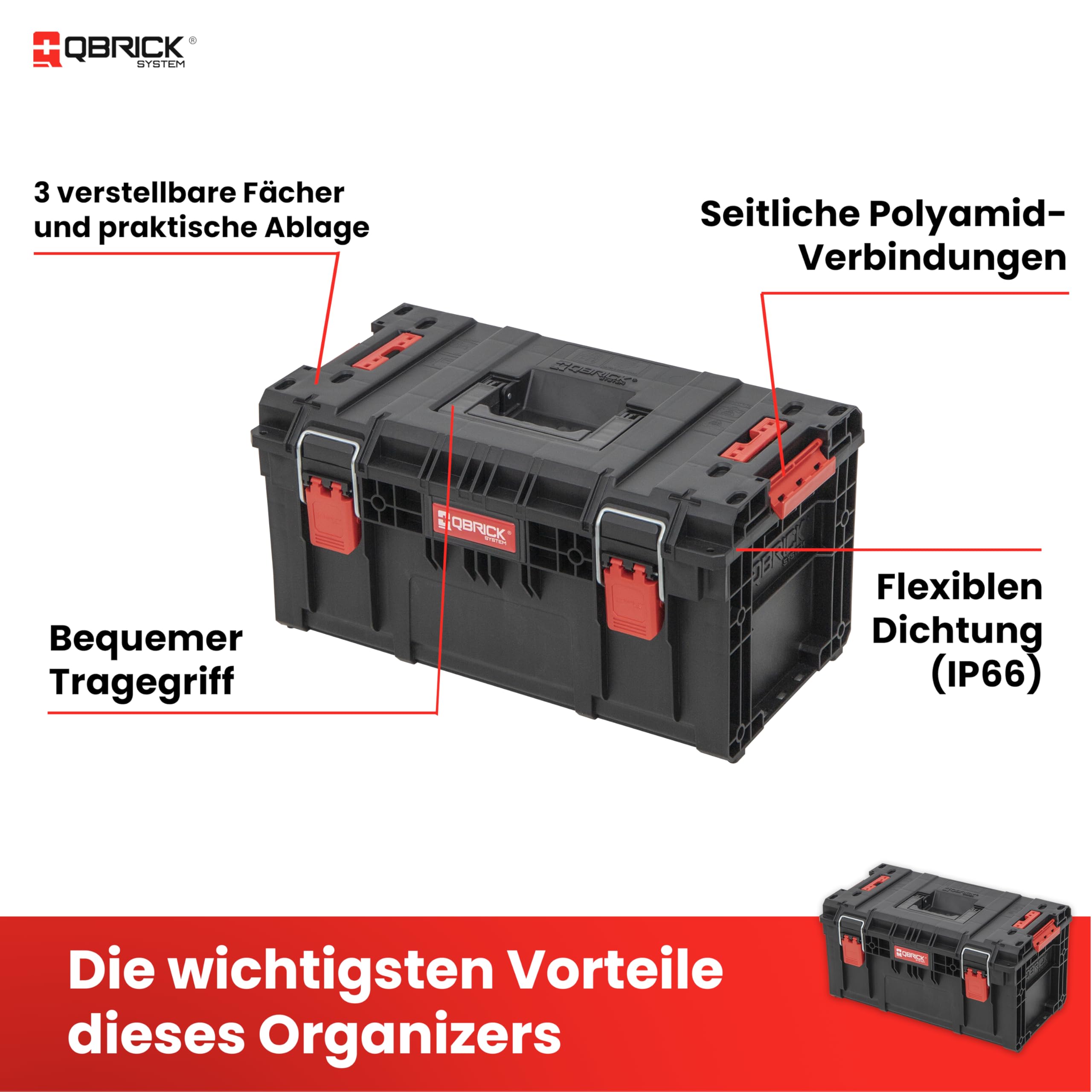 Ultimativer Schutz für deine Werkzeuge – IP66 macht Qbrick Werkzeugkoffer wasser- und staubdicht, damit deine Ausrüstung in jeder Umgebung sicher bleibt – ob Baustelle oder Werkstatt.