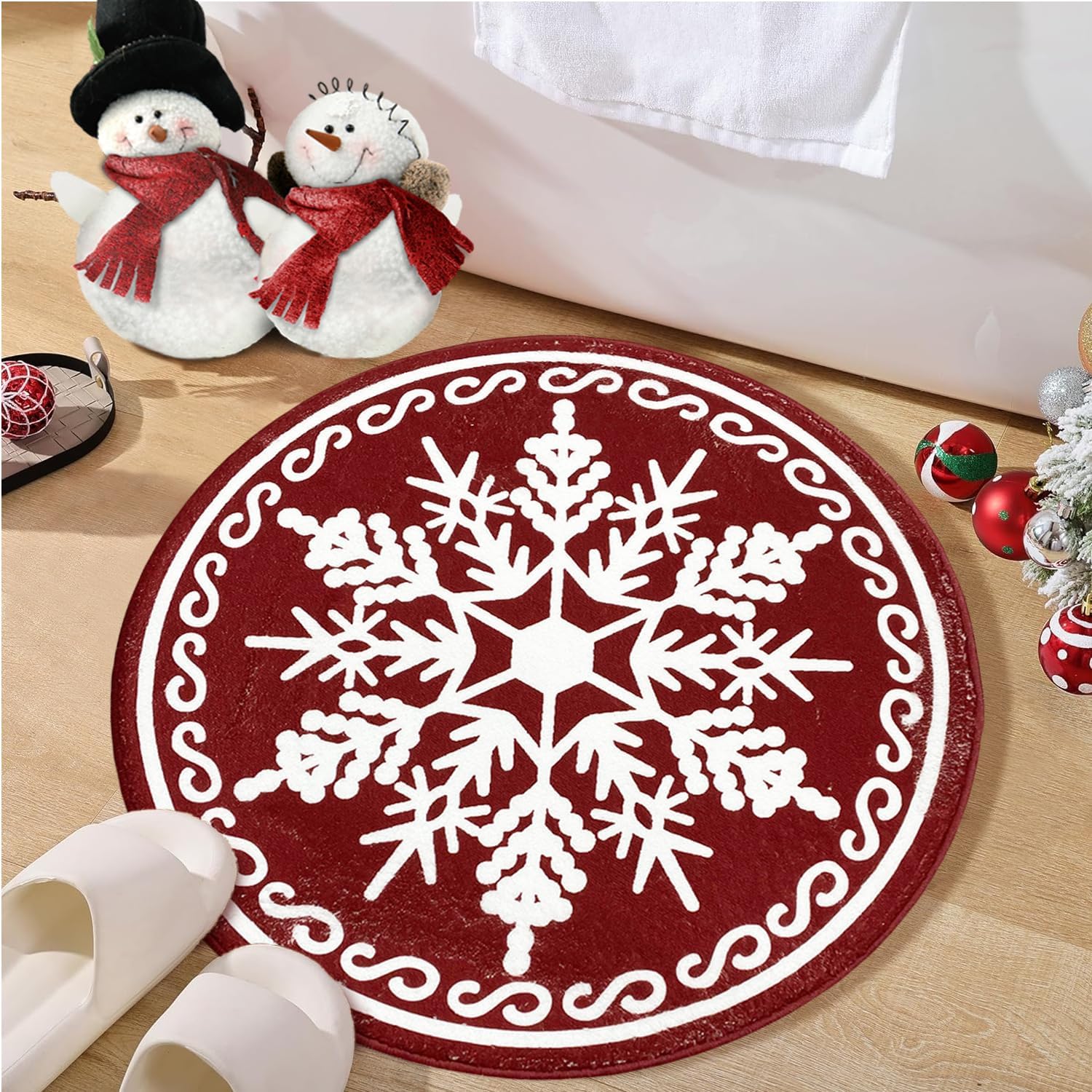 Christmas Bathroom Mat,Cute Red Snowflake Bathroom Rug