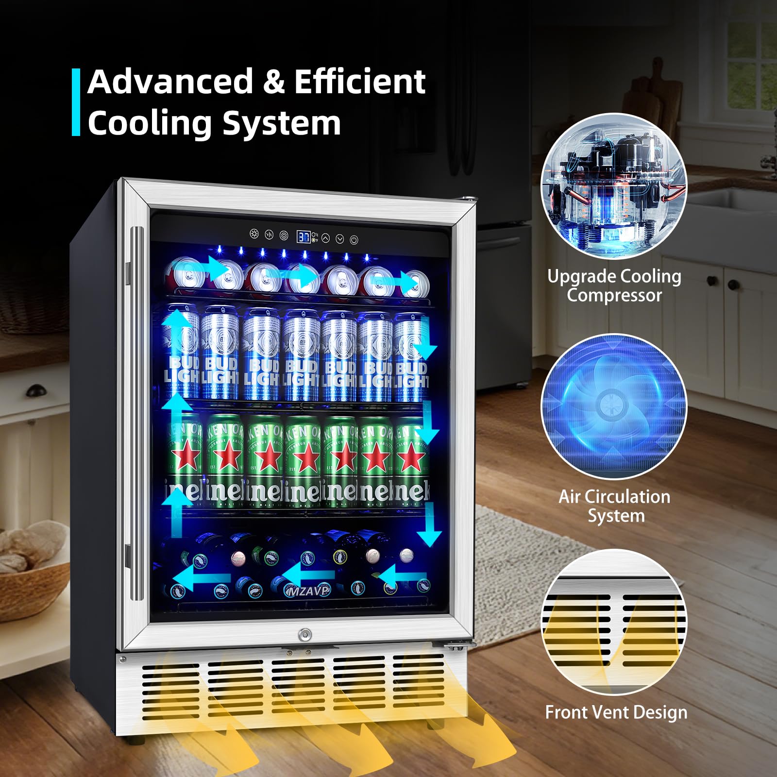 Mzavp 24 Inch Beverage Refrigerator, 180 Cans Built-In Beverage Cooler With Glass Door, Under Counter Or Freestanding Drink Fridge With LED Light & Adjustable Shelves For Home Bar Office - Silver on Fridge.com - View 4