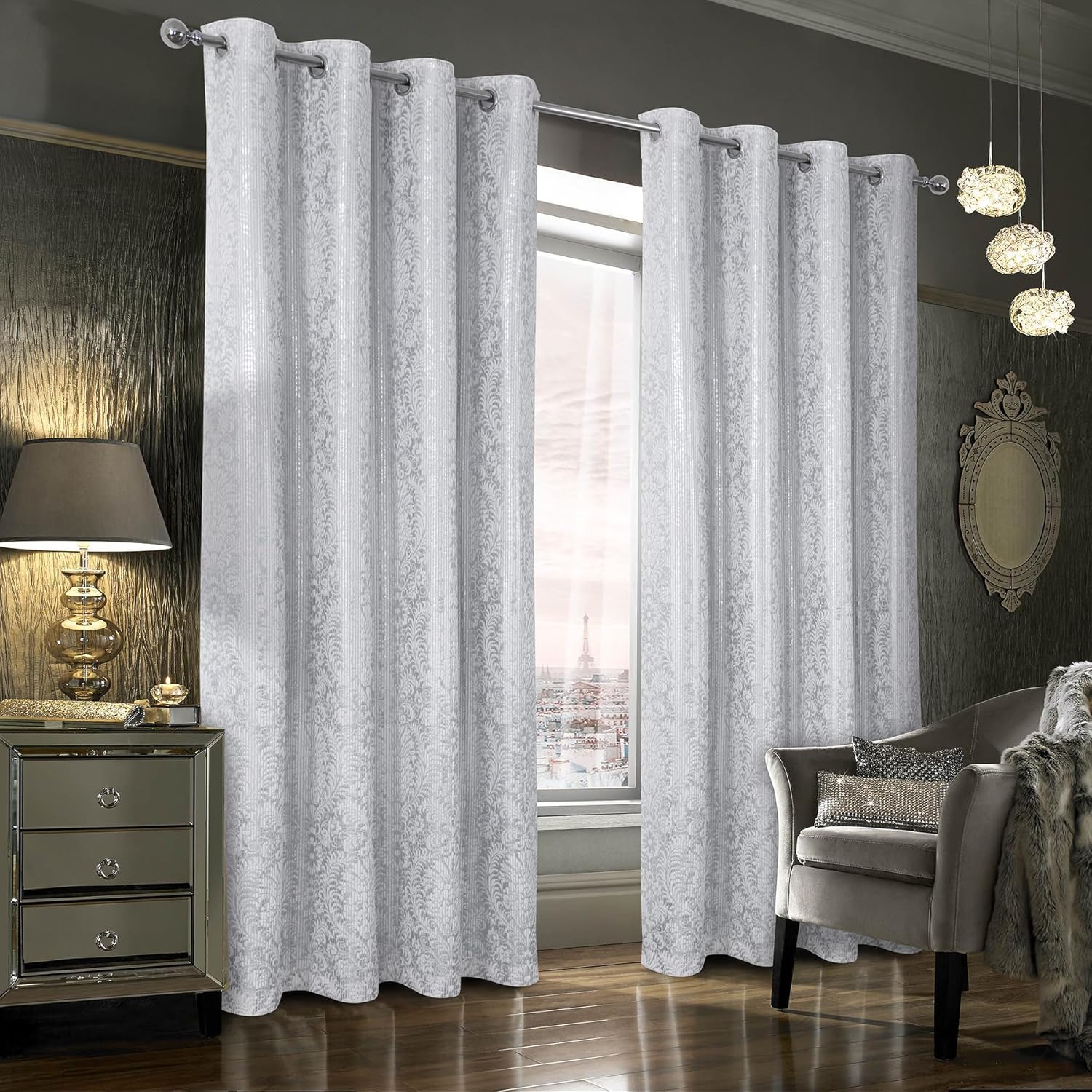 always4u 100% Blackout Foil Print Ridged Velvet Curtains Damask 84 Inches Long Drapes 2 Panels Shiny Metallic Window Treatment White 54 * 84 Inches