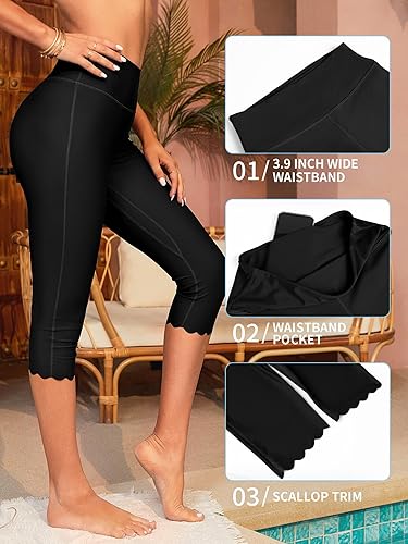 Miniatura 4 de ATTRACO Pantalones de natación para mujeres de cintura alta, capris de natación, pantalones cortos de natación, leggings de natación