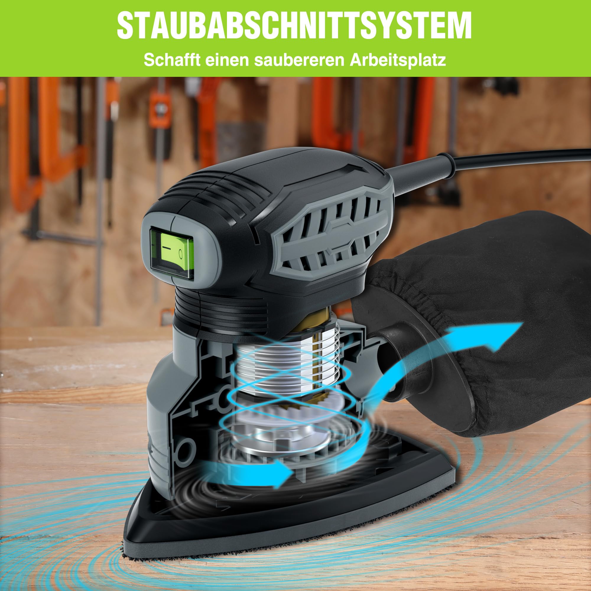 WORKPRO Deltaschleifer, 130W Dreieckschleifer mit Staubabsaugung, 13.000 U/min Multischleifer mit 20 Schleifpapieren 150mm*100mm, Schleifmaus, Eckenschleifer für Holz, Stahl und Polieren