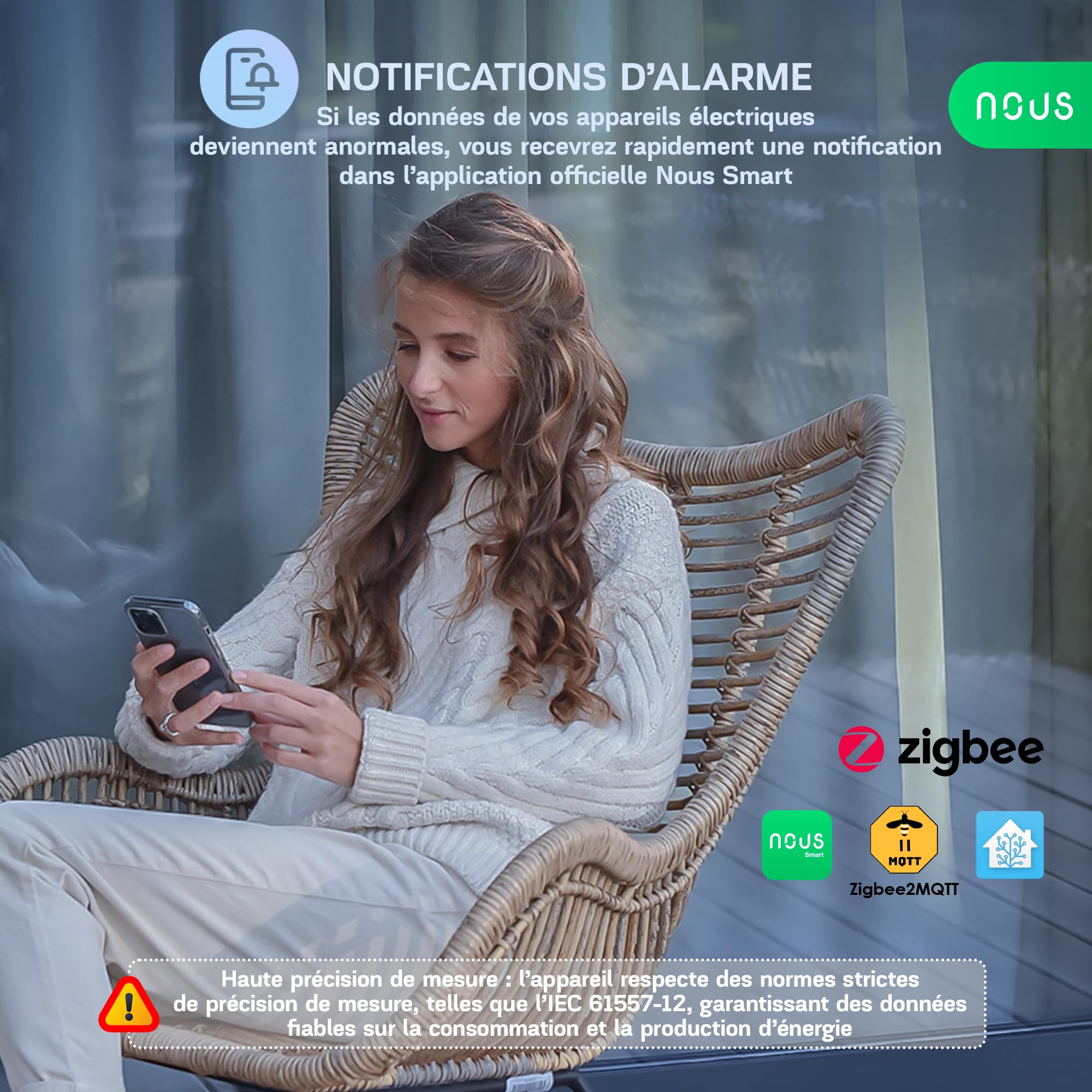 NOUS Zigbee Compteur d'Énergie Smart DIN 120A, Surveillance de la Consommation Électrique en Temps Réel, Compatible avec Alexa et Google Home, Installation sur Rail DIN
