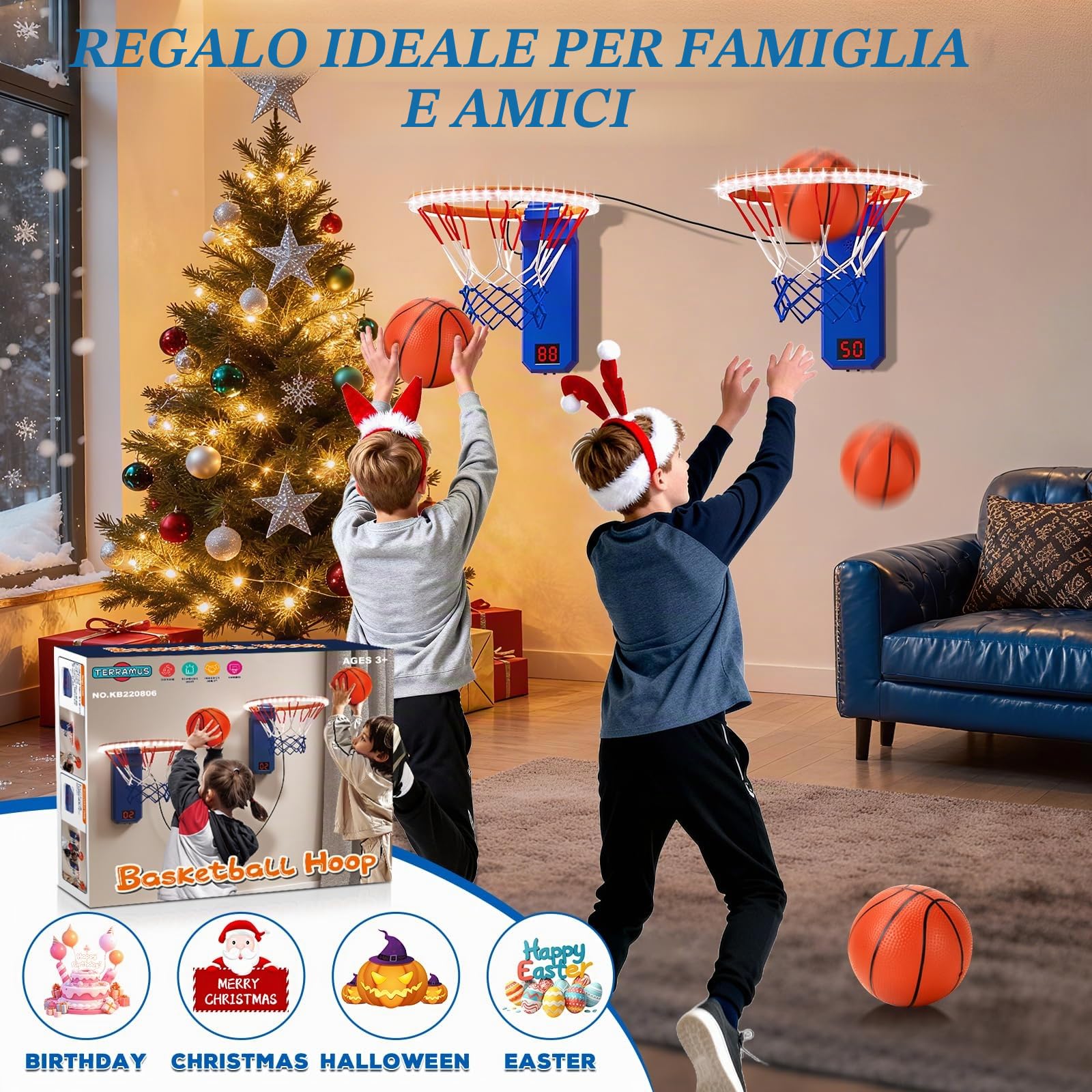 TERRAMUS Mini Canestro da Basket, Set da 2 Canestri da Basket con Pannello di Visualizzazione Elettronico, Canestro da Basket Regolabile in Altezza per Bambini, 4 Palle, 1 Pompa ad Aria, Regalo per