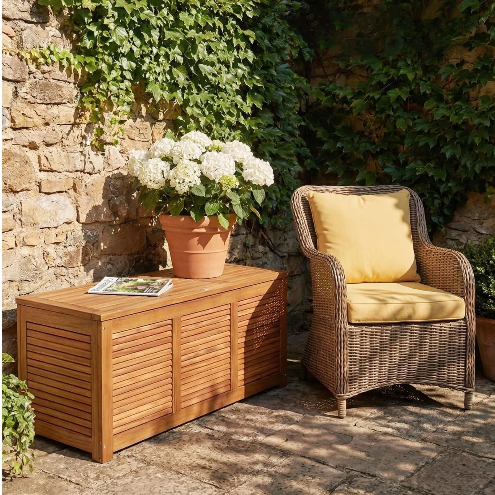 KOMFOTTEU Cassapanca da Giardino con Coperchio Antipolvere e Maniglia | Baula Contenitore in Legno di Acacia da Esterno e da Interno, 178L, 120 x 45 x 45 cm