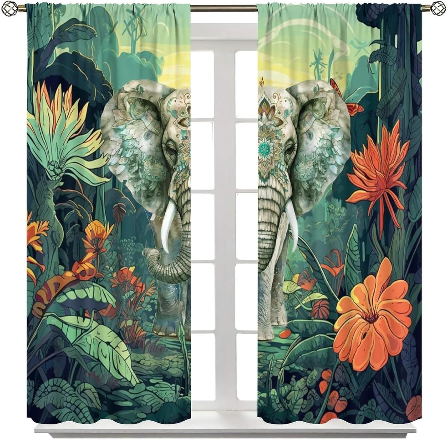 Watercolor Tropical Wildlife Elephant Curtains for Home Decor Rustic Boho Animals Summer Jungle Plants Florals Window Drapes for Bedroom Rod Pocket 2 Panels 63" L x 21" W