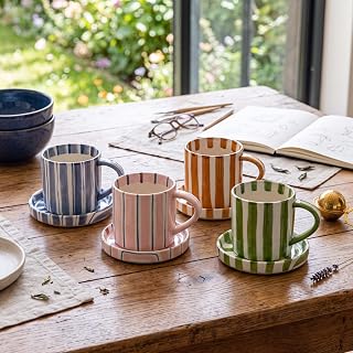 Willinglong 4 Pcs 8 Oz Hand Painted Striped Ceramic Coffee Mug Saucer Set, Retro Cappuccino Cup, Underglaze Safe, Microwave Dishwasher Safe, Gift for Tea Latte Espresso