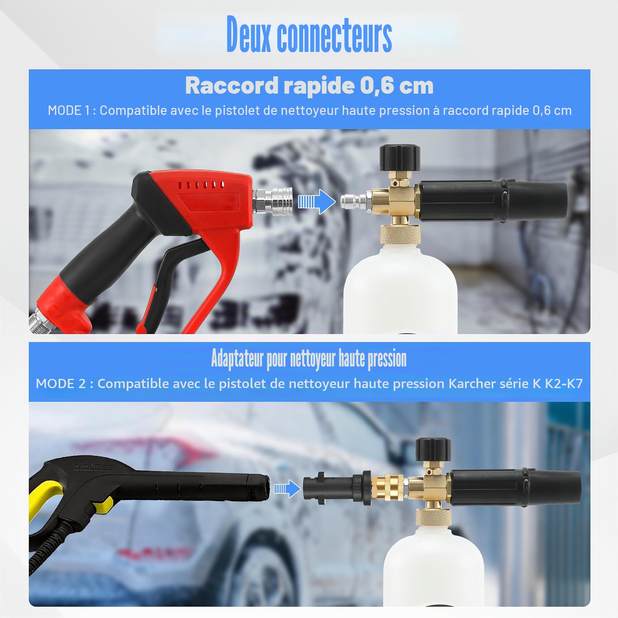 Tool Daily Canon à Mousse avec Adaptateur pour Nettoyeur Haute Pression Karcher K2 à K7, 1 Litre, Lance à Mousse Réglable avec Raccord Rapide 1/4", 5 Embouts de Buse, 210 bar (3000 PSI)