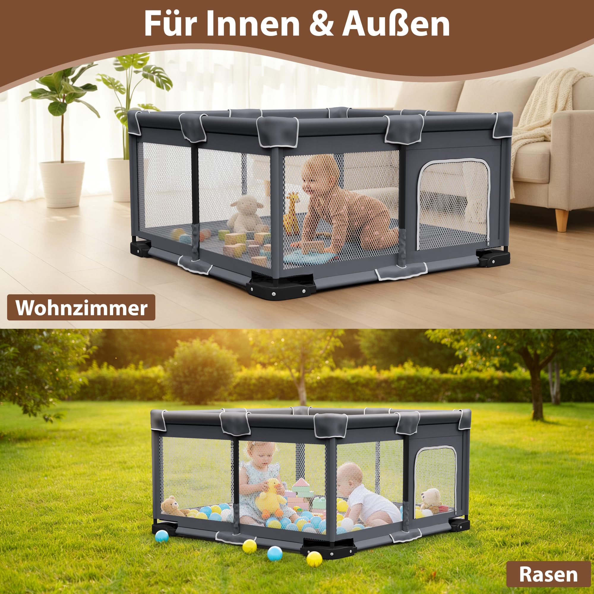 Laufstall Baby Faltbar mit Matte & Tragetasche, 124 × 124 cm Baby Laufgitter, Werkzeuglose Montage in 1 Minute, Sicherer Laufstall für Innen- & Außenbereich