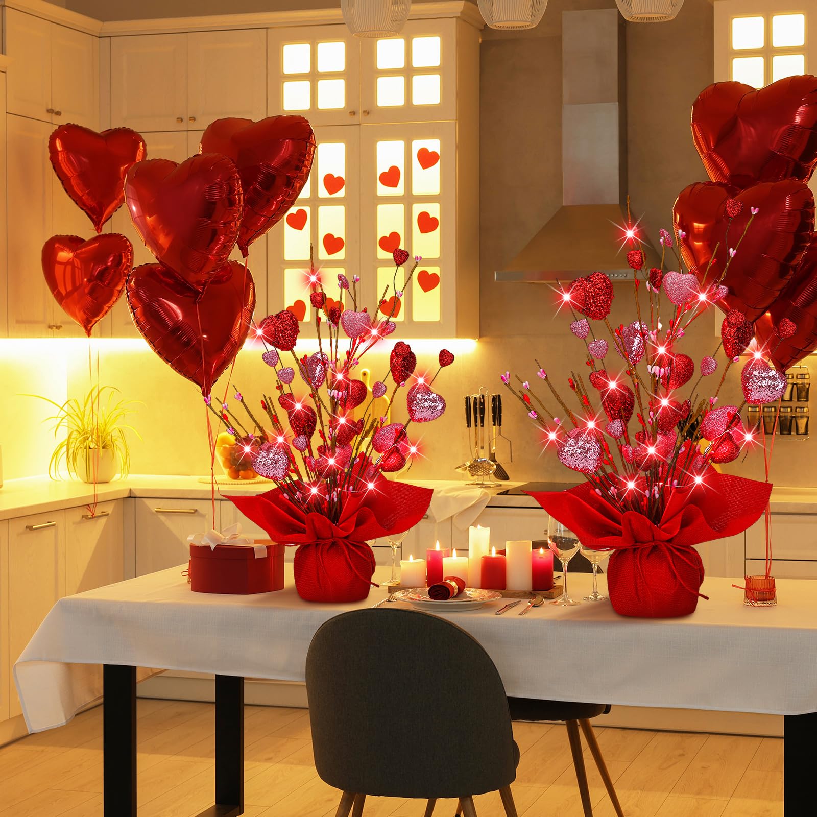 Ganeen Valentines Day Decor 2 Pack Lighted Valentine's Day Heart Table Tree 18 Inch Valentine's Day Tree Tabletop LED Light Artificial Tree Decor for Valentine's Day Decorations Home Party Wedding