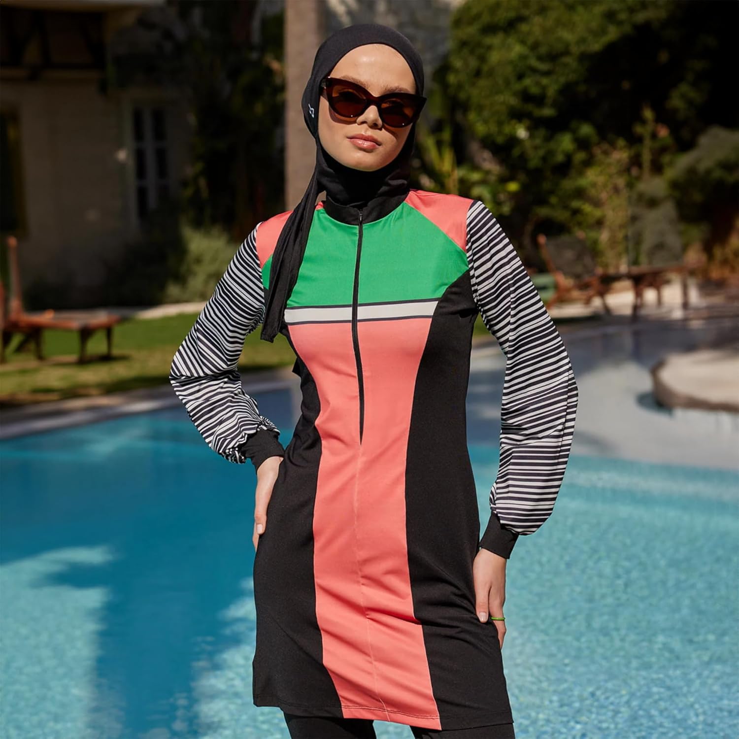 Women’s 3-Piece Modest Swimwear – Long Sleeve Striped Burkini with Cover, Pants & Hijab