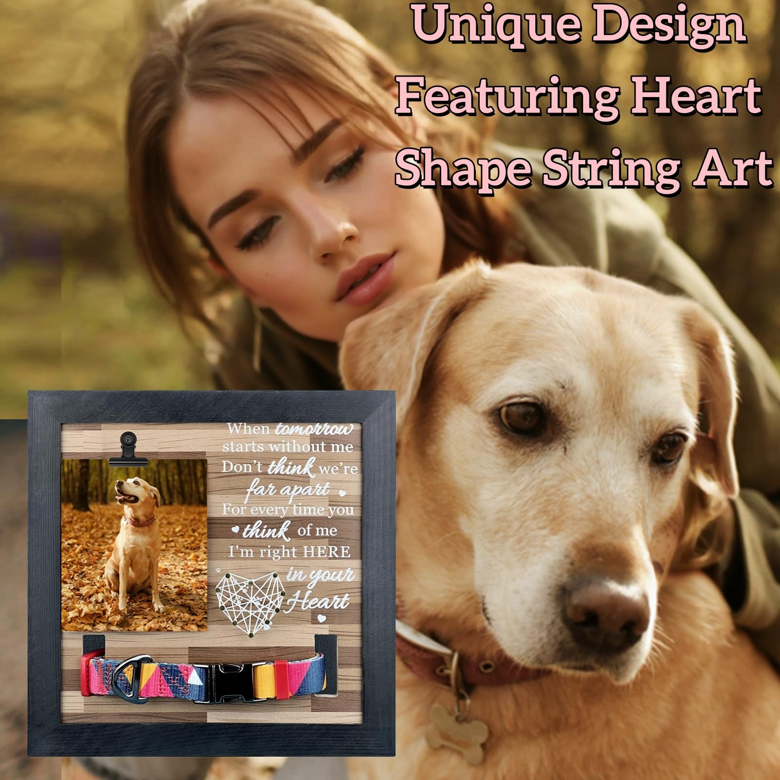 ECLJRZY Dog Memorial Picture Frame, Pet Loss Sympathy Gift, Pet Memorial Picture Frame for Dogs, Wooden dog memorial frame with Collar Holder, Pet Remembrance Gift Dog Frame