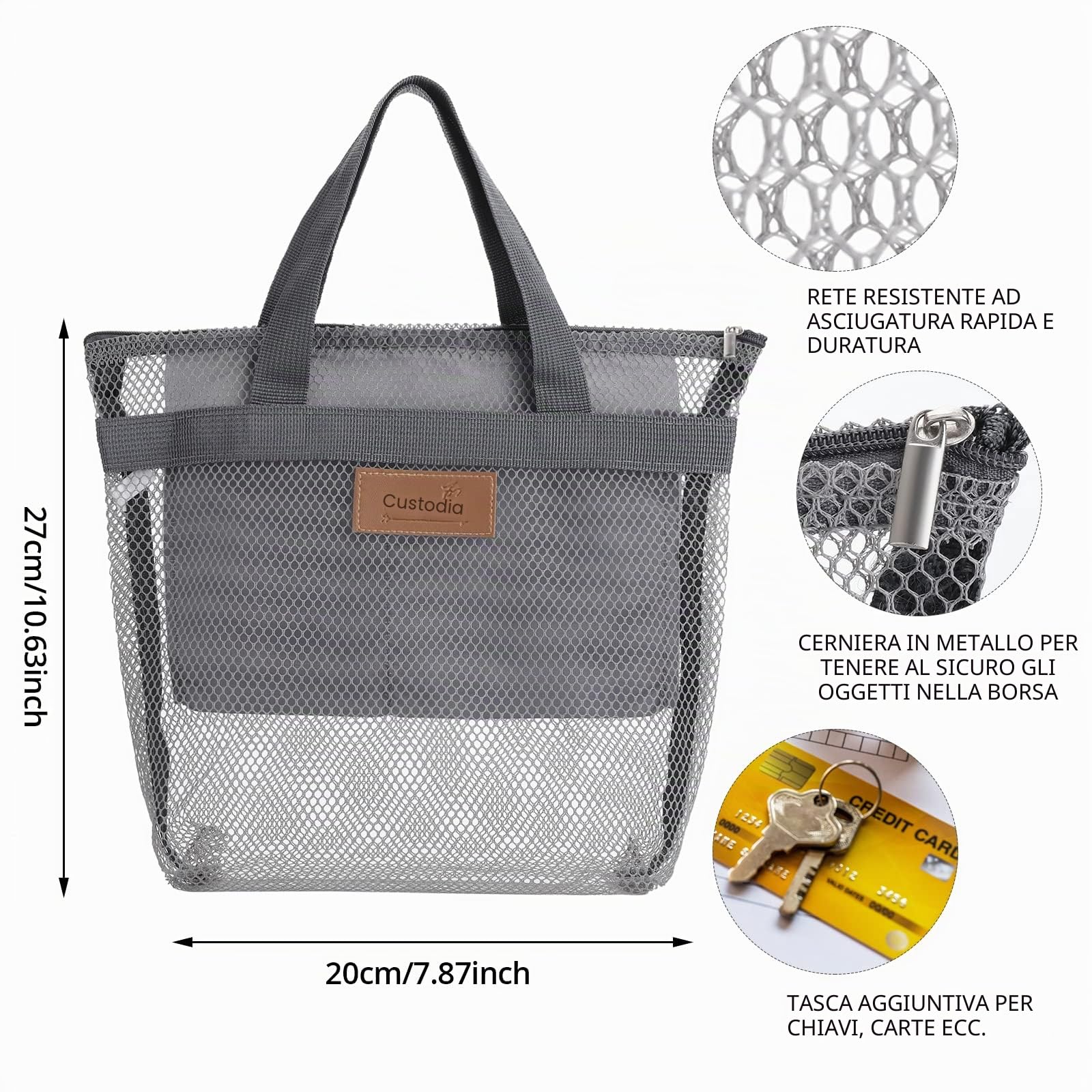 Borsa portaoggetti da doccia portatile in rete con cerniera e 2 tasche, ad asciugatura rapida, organizer da bagno da appendere per viaggi, dormitori, palestra, campeggio, spiaggia, nuoto (grigio)