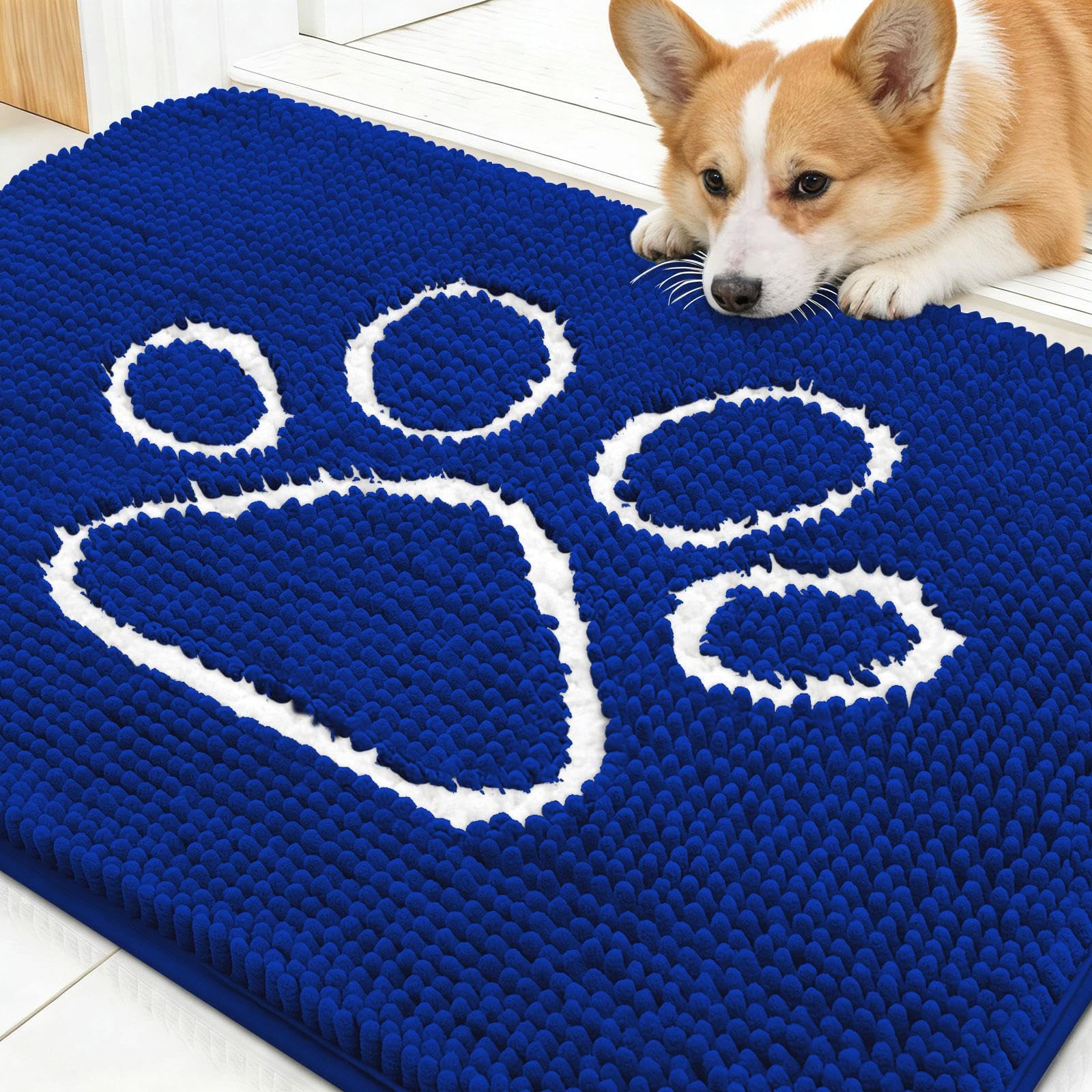 OLANLY Dog Door Mat for Muddy Paws 30x20, Paw Print Design Chenille Mud Mat