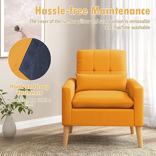 Miniatura 5 de Giantex Silla decorativa moderna, sillón de tela de lino de mediados de siglo con almohada lumbar, cojín de respaldo y asiento, cómoda silla