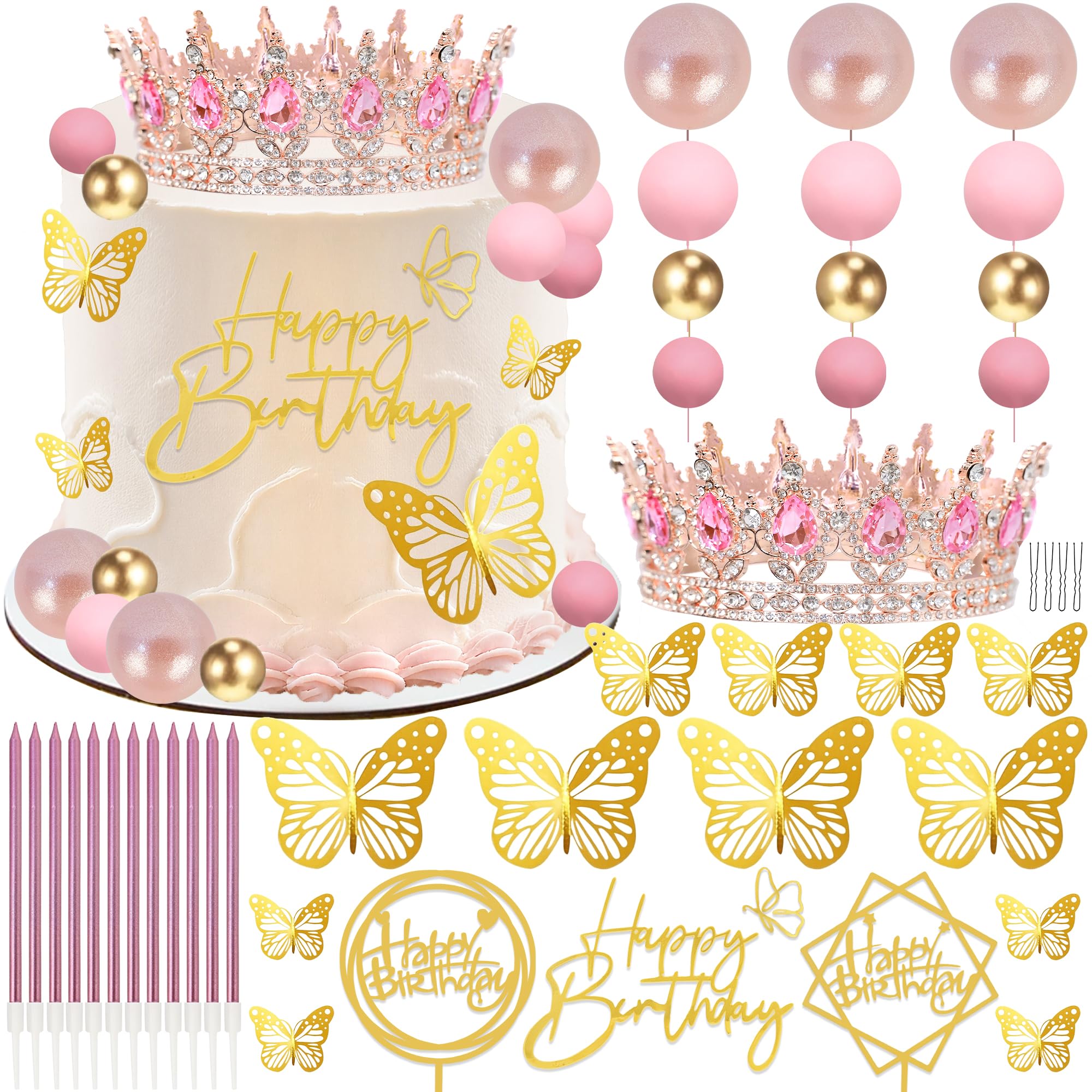 Crown Cake Topper, Rose Gold Crown Happy Birthday Balls Cake Topper, Birthday Candles Gold Butterflies, Corona Para Pastel, Cake Decorations for Birthday Wedding (Rose Gold, Pink)