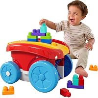 Mega Bloks - Vagone Raccogli Blocchi, Set con Veicolo Rosso trainabile e 20 Blocchi da Costruzione