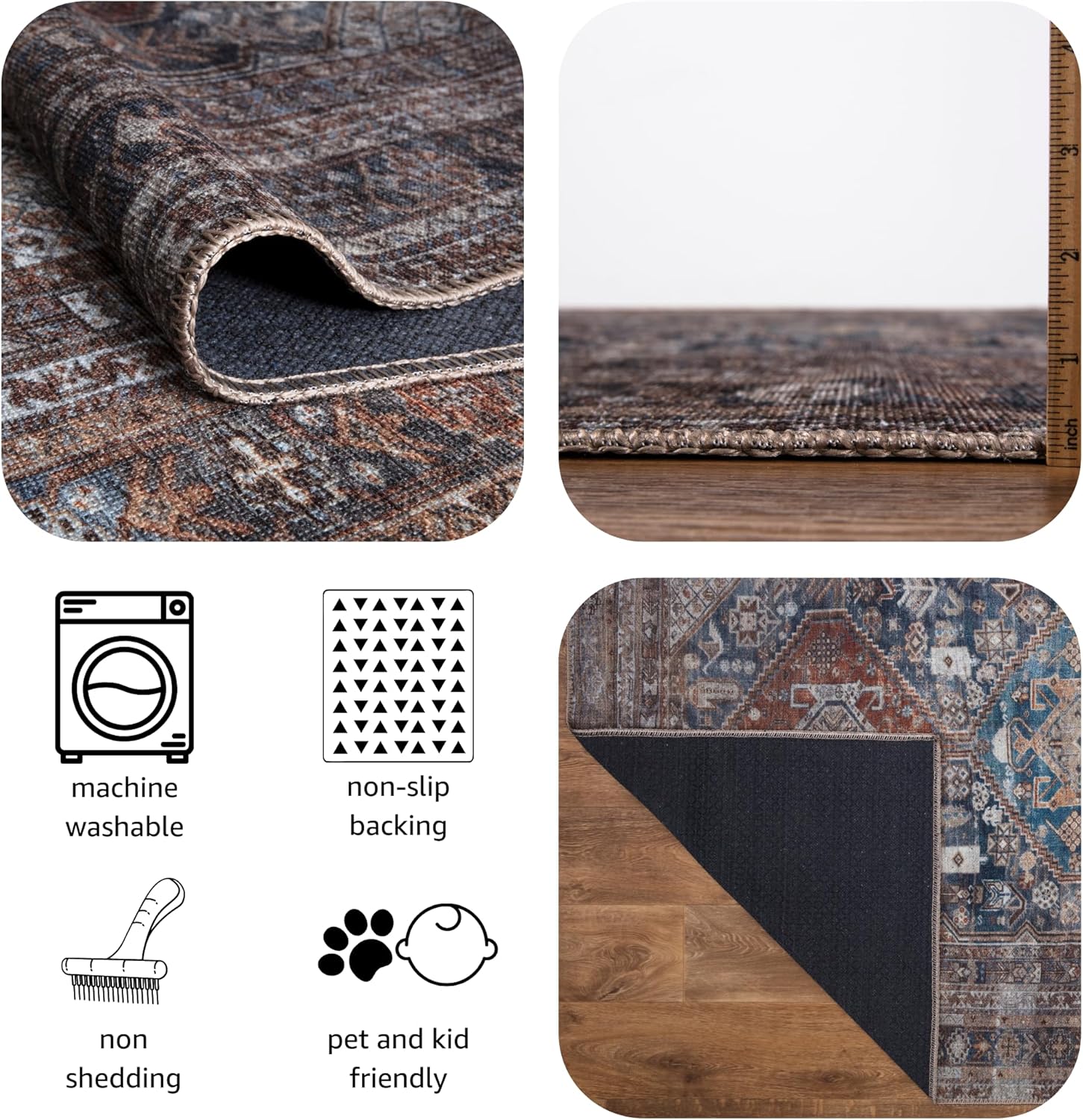 Keen Home Design 2x10 Rug - Machine Washable Runner Rug with Non-Slip Backing, Ideal for Hallway, Entryway, Kitchen, Laundry Room - Vintage, Easy Clean, Durable, Low Pile - (2'6" x 10')
