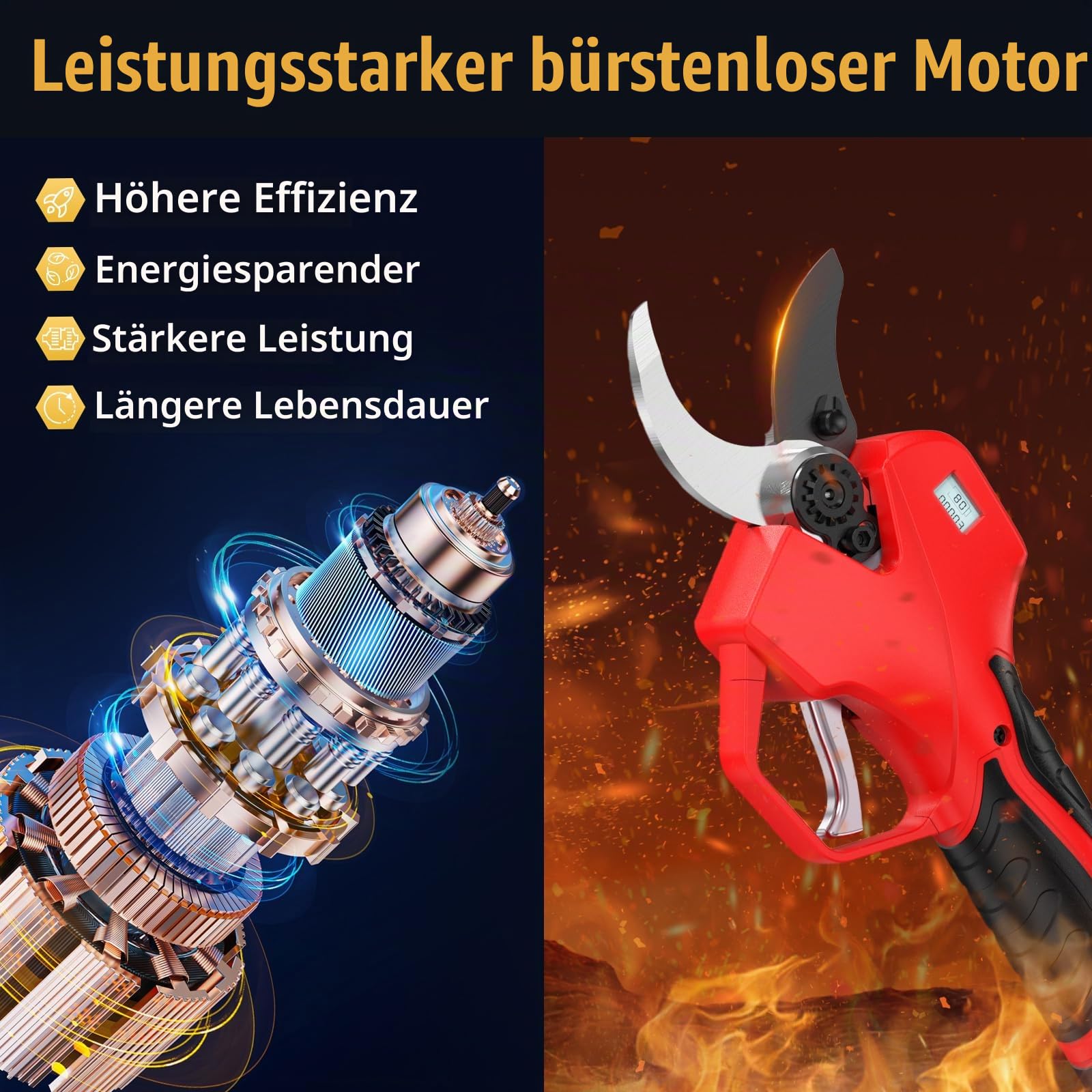 Elektrische Gartenschere 40 mm, mit Verlängerungsstange 2 m(6.56ft), Scharfe SK7-Klinge, Akku Astschere, 2X 2Ah Akku, 21V Astschere
