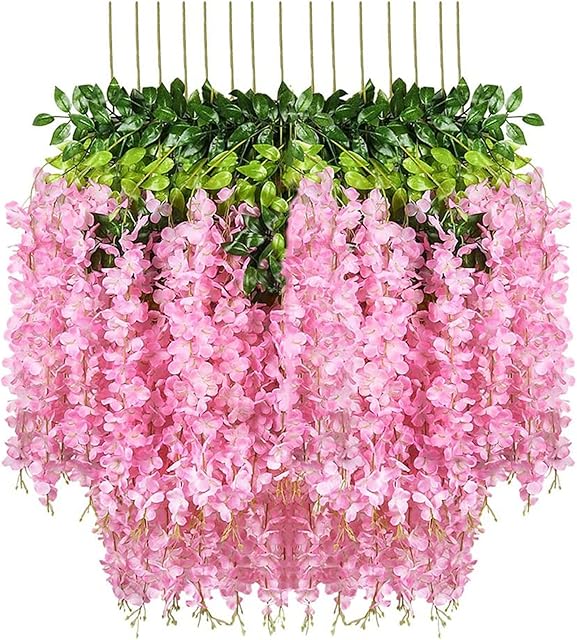 Houda Artificial Wisteria Vine Ratta Hanging Garland Silk Flowers for Party Home Wedding Decor,12PCS, 3.4-Feet, (Pink/Red)
