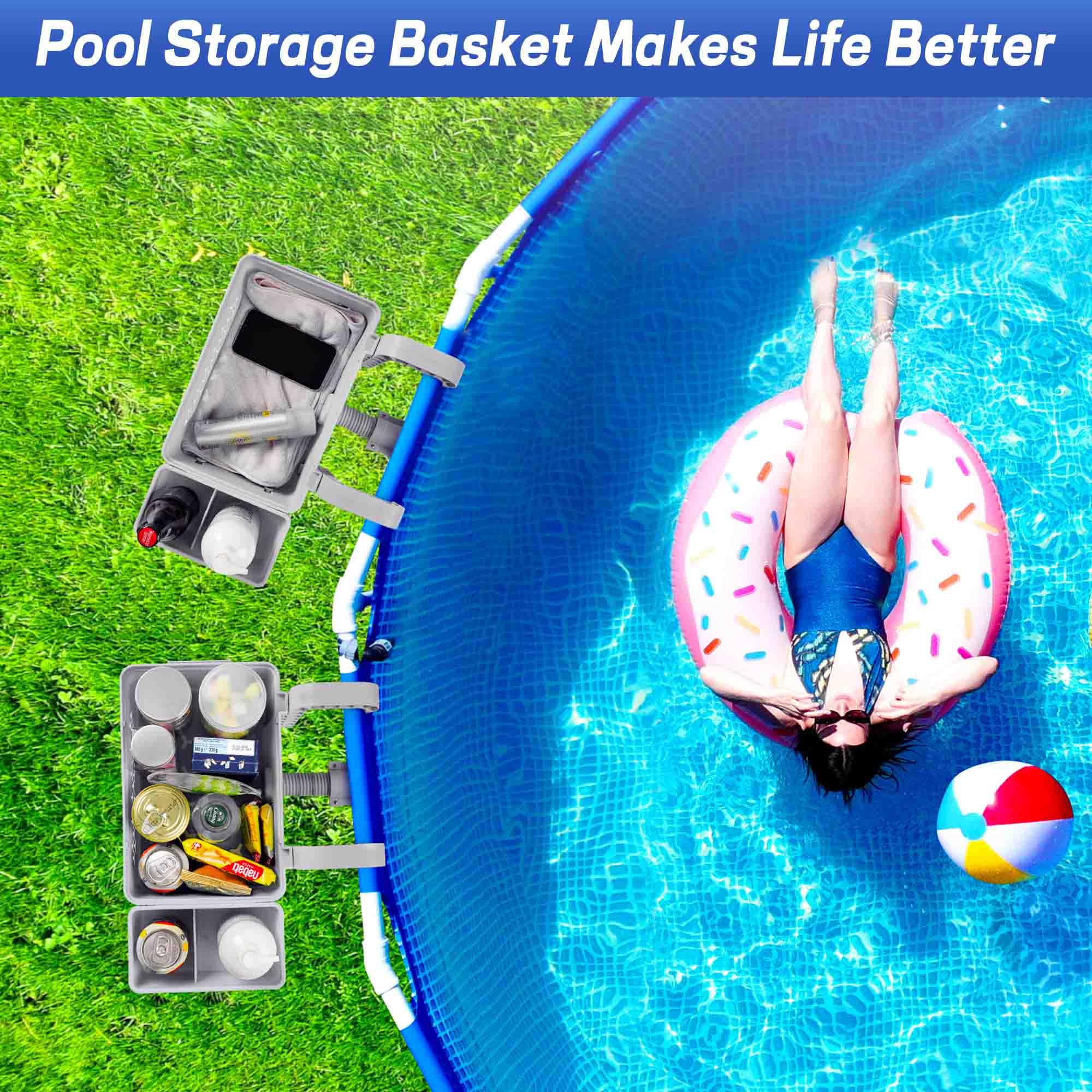 Paquete de 2 cestas de almacenamiento junto a la piscina, accesorios de piscina sobre el suelo, cesta de almacenamiento junto a la piscina con ganchos para portavasos, cesta de almacenamiento de
