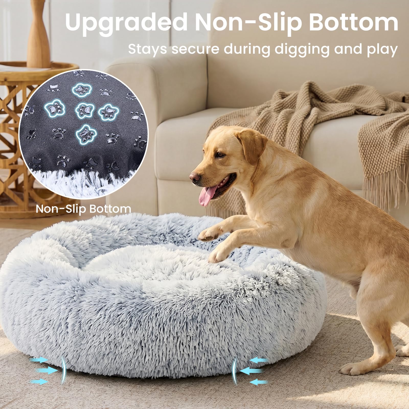 JOLLYVOGUE Camas calmantes para perros de tamaño extragrande, cama grande lavable con donas de 45 pulgadas, antideslizante y antiansiedad, cama redonda de piel sintética esponjosa, se adapta a