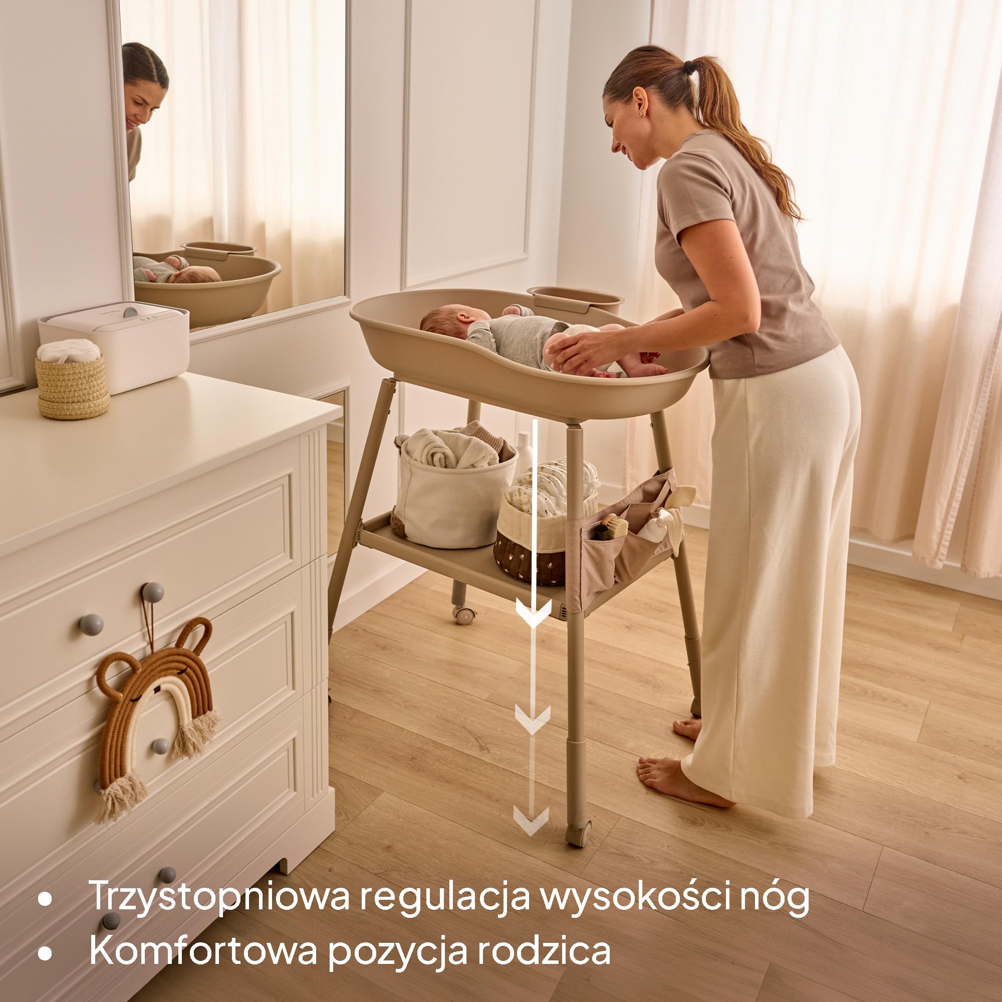 Lionelo Rosie mobilny stolik do przewijania dla niemowląt z regulowaną wysokością, wodoodporna mata piankowa 2 cm, kółka z hamulcami, boczny pojemnik na wodę i organizer z tkaniny, stabilna