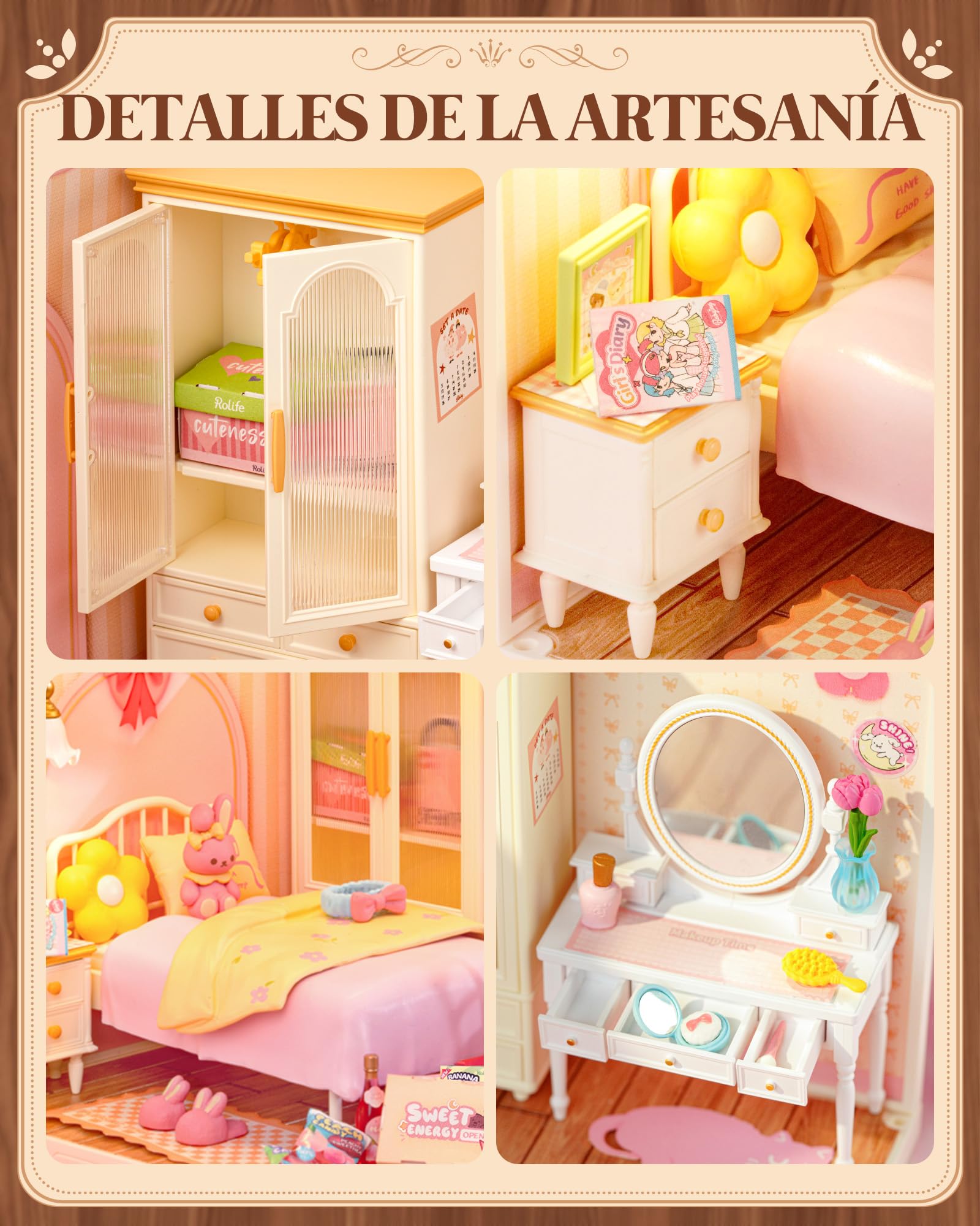 Rolife Super Creator Lovely Pink Bedroom, Casa de Muñecas DIY con Iluminación LED, Kit Sin Pegamento, Decoración de Dormitorio y Escritorio, Regalo Original para Mujer y Niña