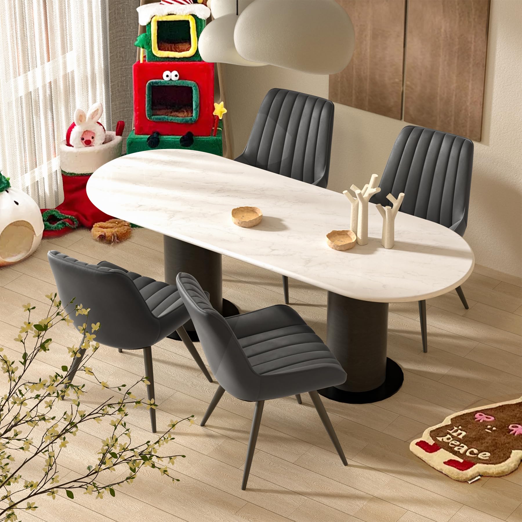 Hawthyhome Esszimmerstühle 4er Set | Polsterstühle mit 10 cm Sitzkissen • künstlicher Stoff Dining Chair • Küchenstuhl mit Rückenlehne • Moderne Sessel • Metallbeine • Dunkelgrau FU01043DG-4