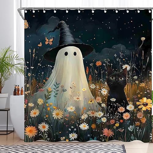 ZTHMOE Cortina de ducha de fantasma de Halloween para baño, terror, espeluznante, caricatura, gato, noche divertida, floral, acuarela, decoración
