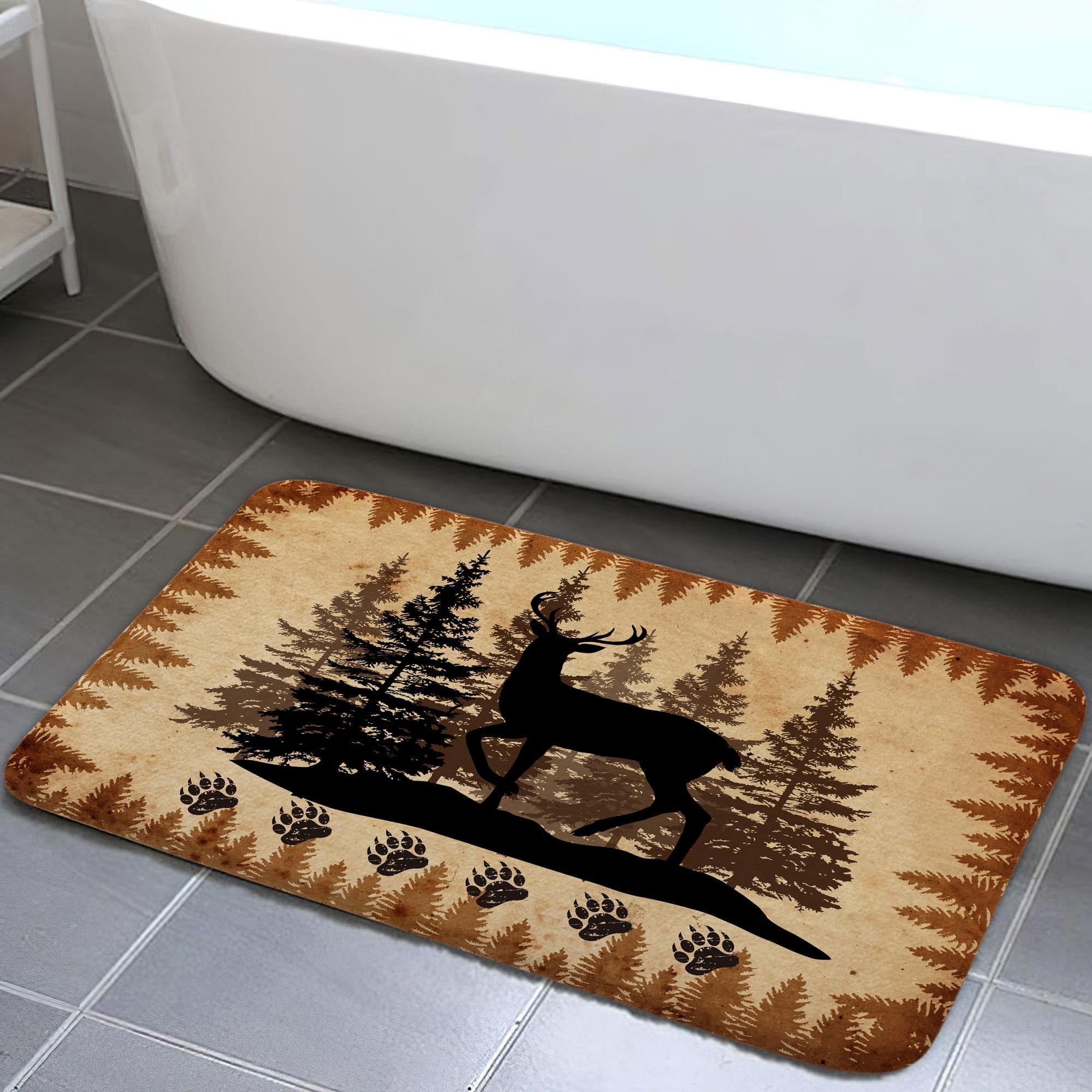 NYMB Rutic Cabin Bathroom Mat, Hunting Camping Animal Black Deer Design, Non Slip Forest Trees Lodge Farmhouse Mat for Living Room Area Rugs, 17X29in