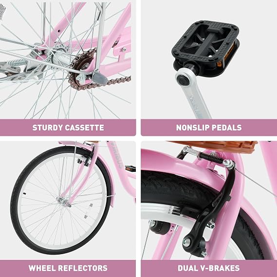 VIRIBUS Beach Cruiser Bike for Women, Single Speed Womens Bike with Basket & Rack 24 26 inch, Retro Step Through Cruiser Bicycle for Petite Short Women Female Ladies City Commuter, 330 lb.