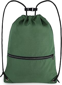 BeeGreen Dark Green Drawstring Backpack with Front Zipper Pocket and Inner Pocket Large 18.5" L x 13.8" W String Sackpack Cinch Sack Gym Sports Workout Bag For Men Women