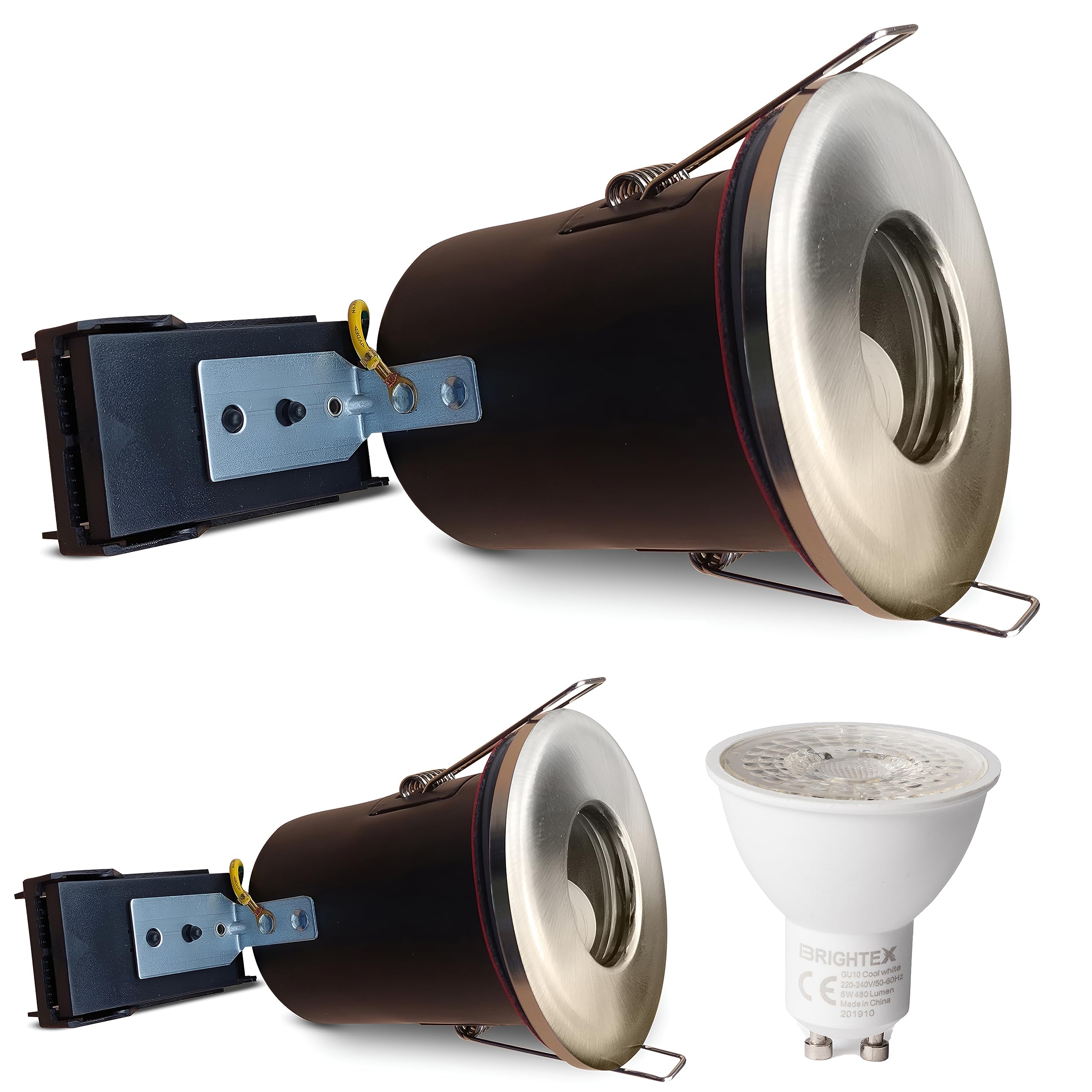 Brightex, Pack of 2 Downlights IP65 Fire Rated Ceiling Recessed Spotlight Brushed Chrome Bathroom,Bedroom, Kitchen Lighting Indoor & Outdoor Led Gu10 (Included Bulb)
