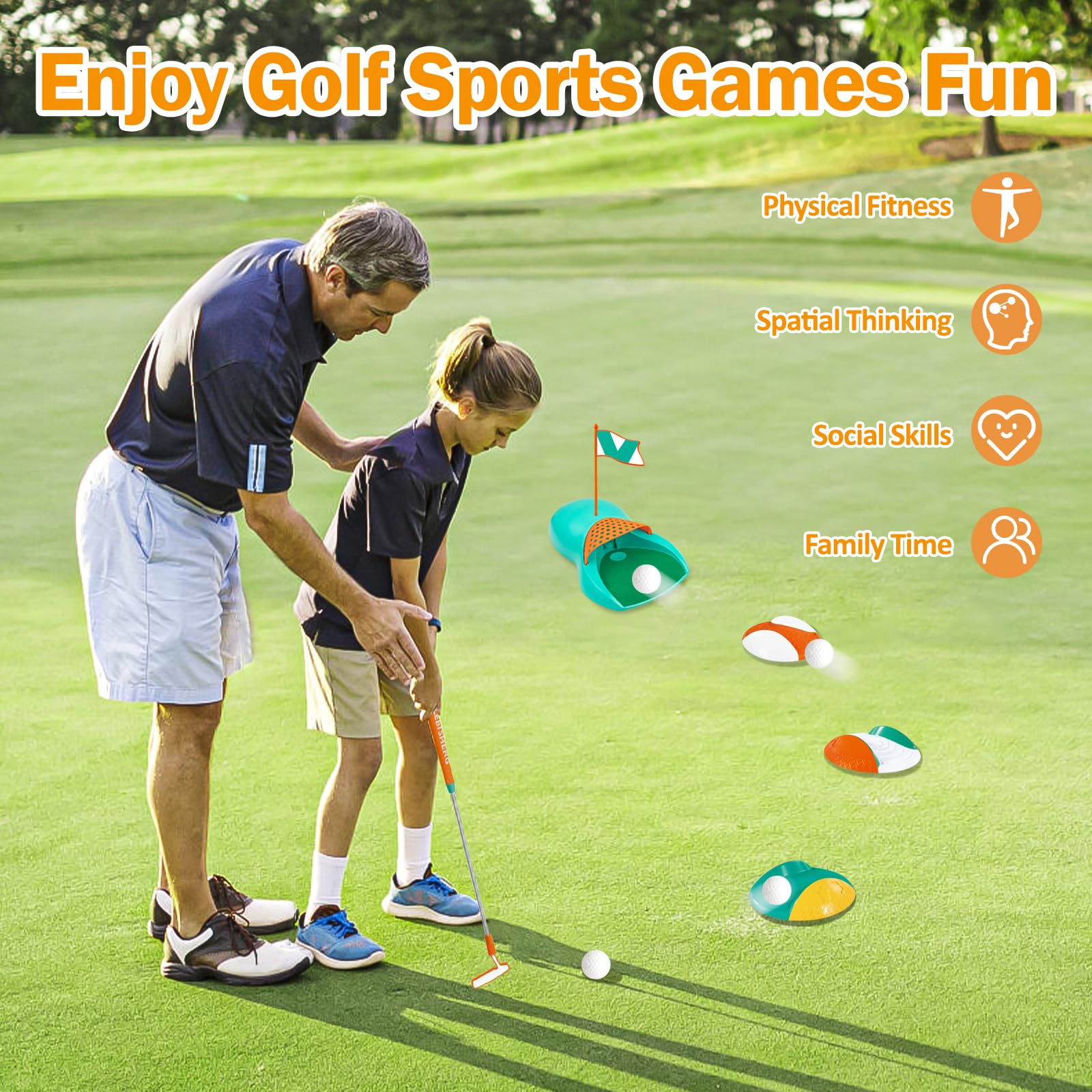 Juguetes de Golf para Niños, Juego de Golf con Palos de Golf Retráctiles, Retorno de Golf, Pelotas, Cabezas de Golf y Hoyos de Práctica, Regalo de Juegos Deportivos de Exterior para Niños