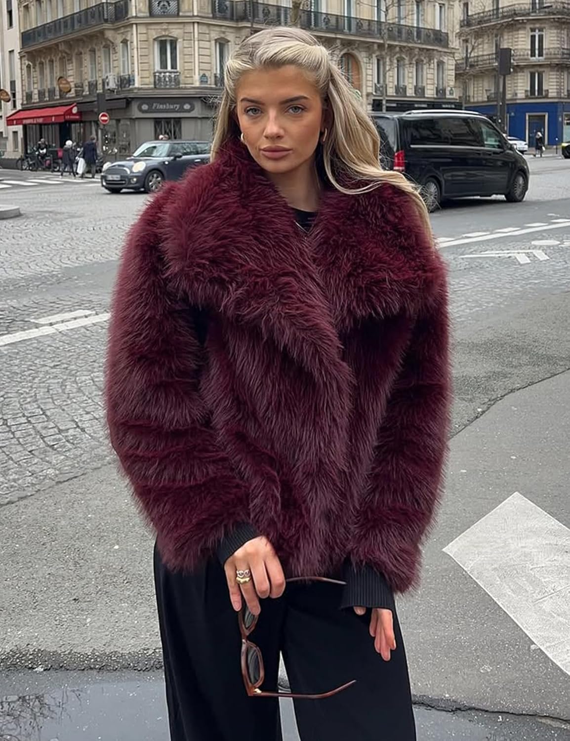 Wyeysyt Womens Faux Fur Coat Cropped Fluffy Shaggy Jacket Lapel Winter Warm Furry Short Coat - Image 2