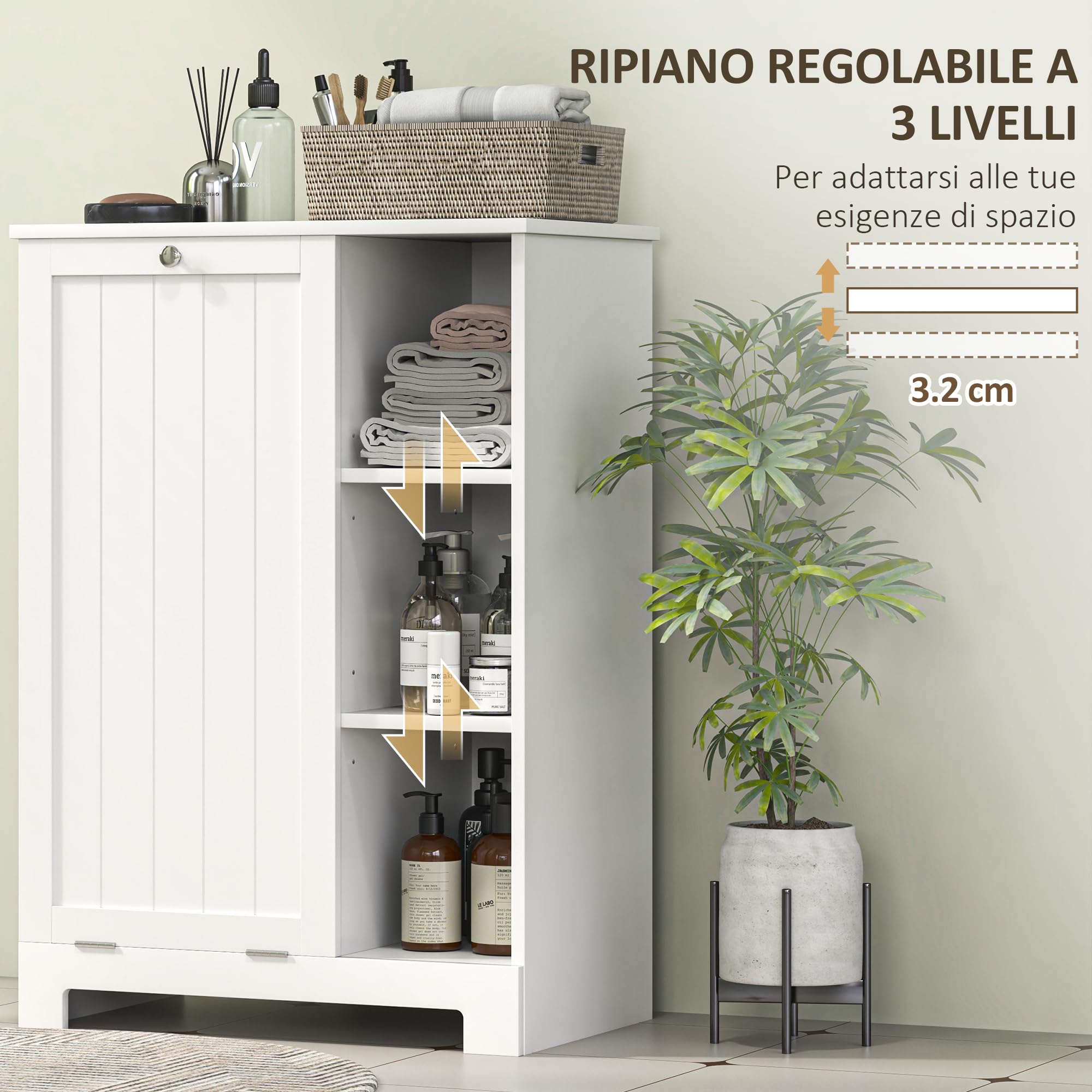 HOMCOM Badezimmer-Wäscheschrank mit herausnehmbarem Korb, platzsparender Badezimmerschrank, Wäscheschrank mit klappbarem Wäschesack und 3 Einlegeböden, 60x38x86 cm, Weiß