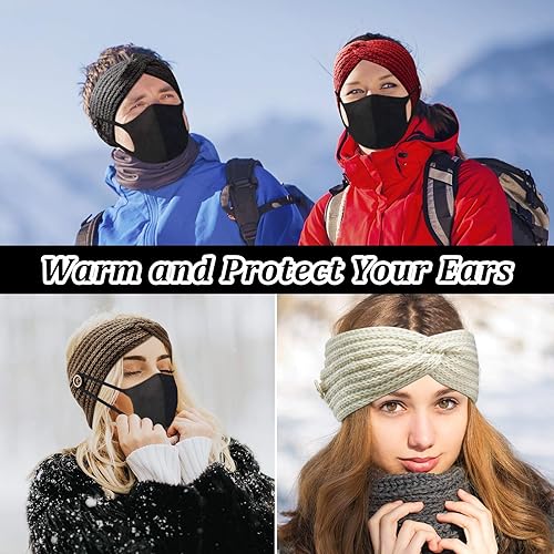 Miniatura 4 de 8 diademas de punto de invierno para mujeres, diademas trenzadas de invierno, calentadores de orejas de ganchillo para mujeres y niñas, Negro,