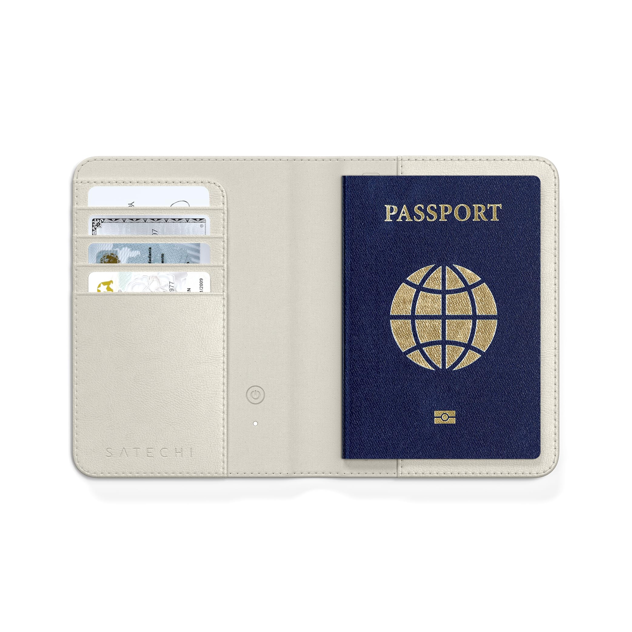 Satechi FindAll Custodia Passaporto da Viaggio con Find My con 4 Slot per Carte, Ricarica Wireless e Protezione RFID, Compatibile con App iOS Dov’è, Materiale Premium PU – Beige