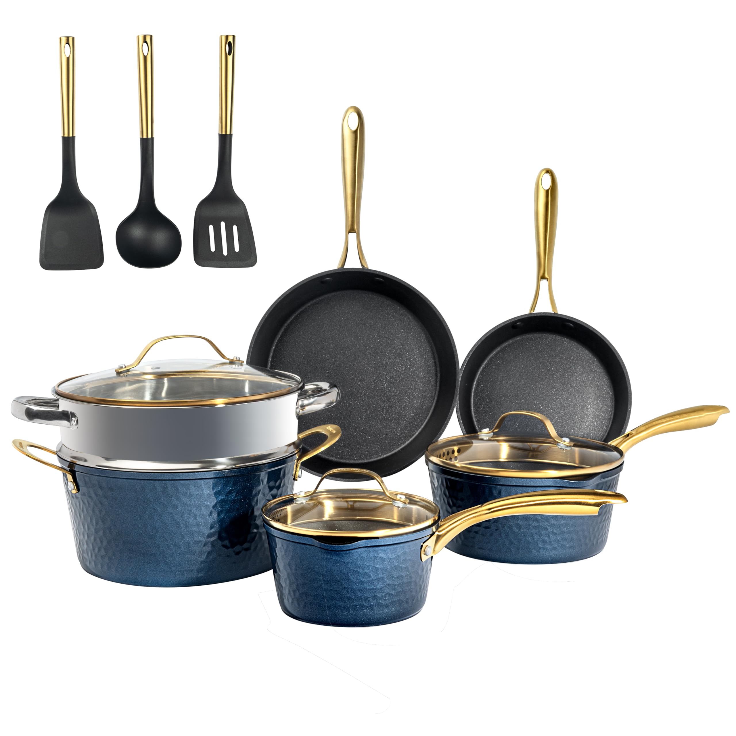 Granitestone 15 Pc Kitchen Pots and Pans Set Non Stick, Pot and Pan Set, Kitchen Cookware Sets, Induction Cookware Set, Non Stick Pots and Pan Set with Lids, Pot Set, Dishwasher Safe, Navy Gold