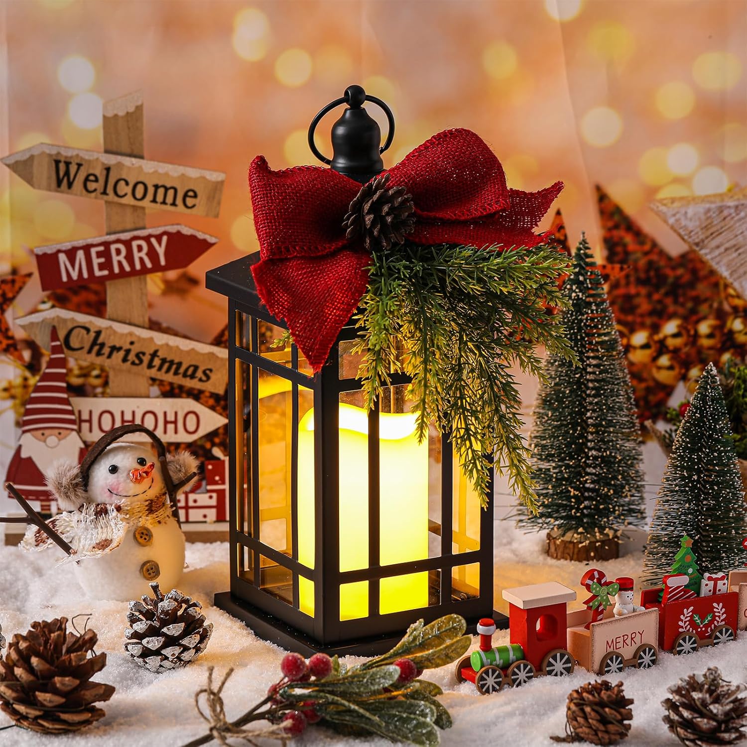 ROCEEI 2 Set Christmas Decorative Lantern Porch Decorations with LED Flickering Flameless Candle 14 Inch Vintage Hanging Lantern Xmas Centerpieces for Tables Indoor Outdoor Decor (Cedar Picks)