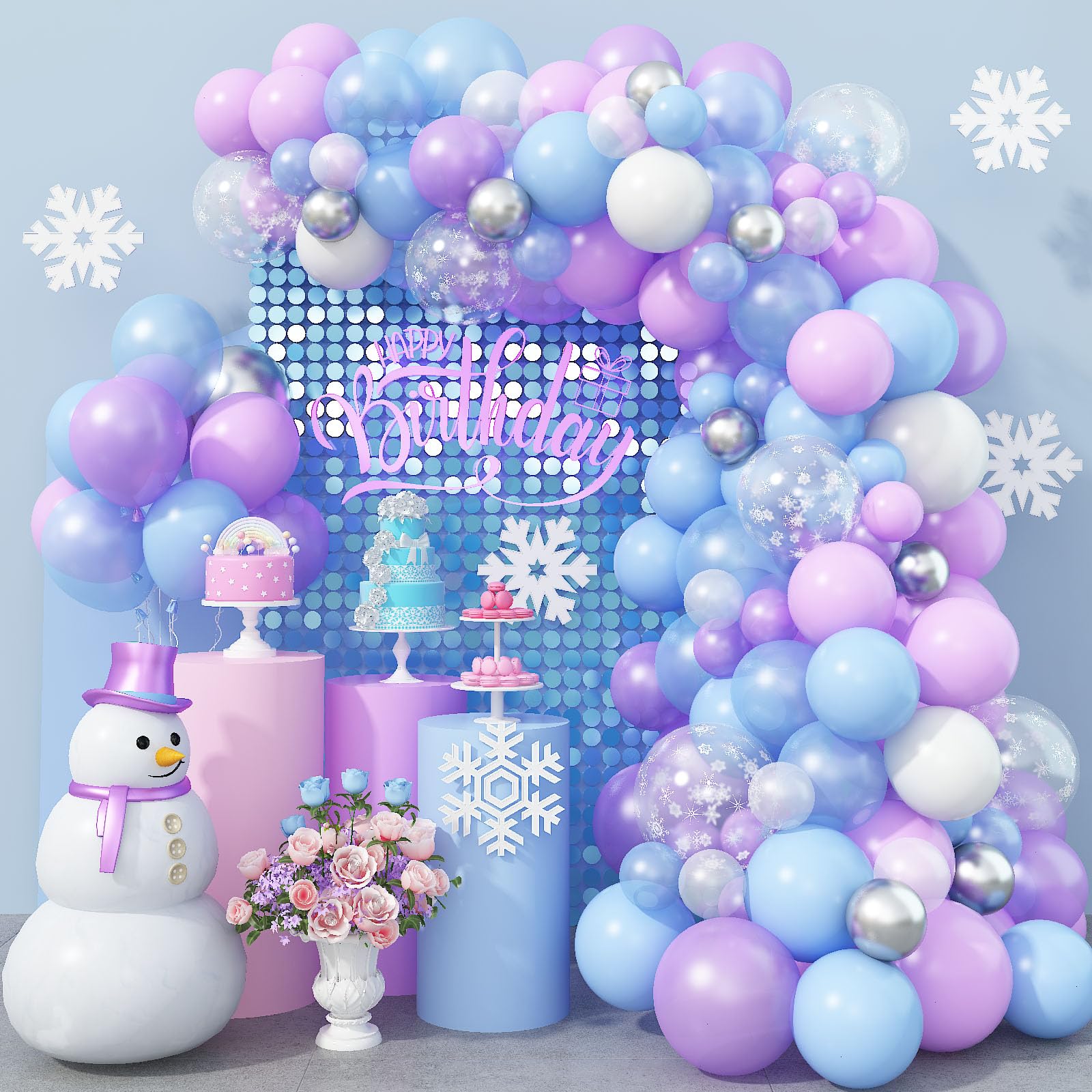 Frozen Balloon Garland Arch Kit, 103Pcs Pearl Purple Blue White Metallic Silver Snowflake Latex Balloons Garland for Christmas Winter Wonderland Theme Princess Birthday Baby Shower Party Decorations