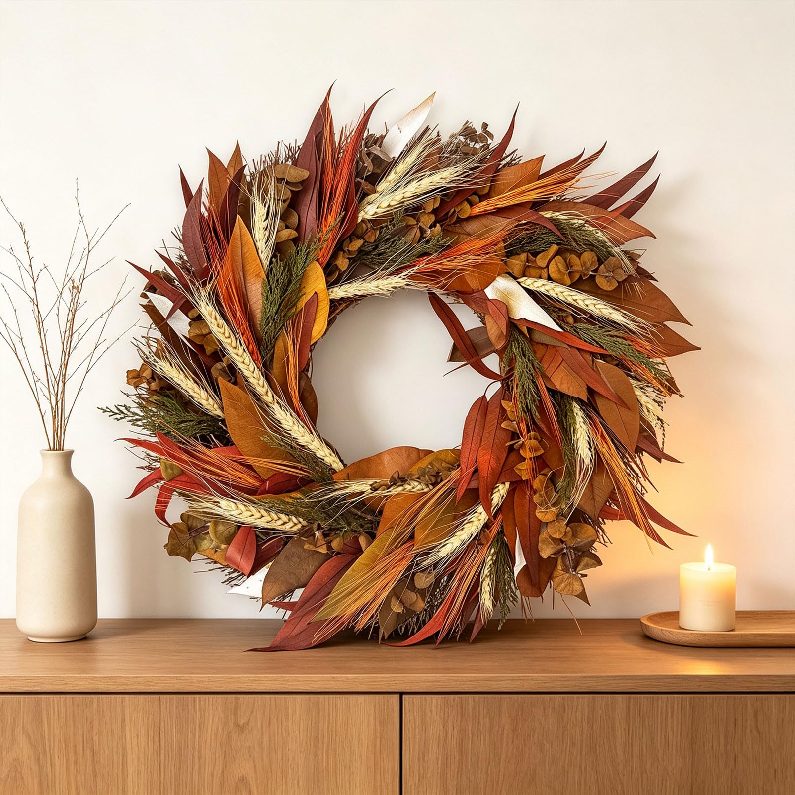 Künstlicher Herbst Türkranz mit Weizenähren und bunten Herbstblättern, 30-50cm Erntedankfest Kranz, Ernte Dekokranz für Haustür, Wand, Bauernhaus, Thanksgiving, Innen & Außen Dekoration (50 cm)