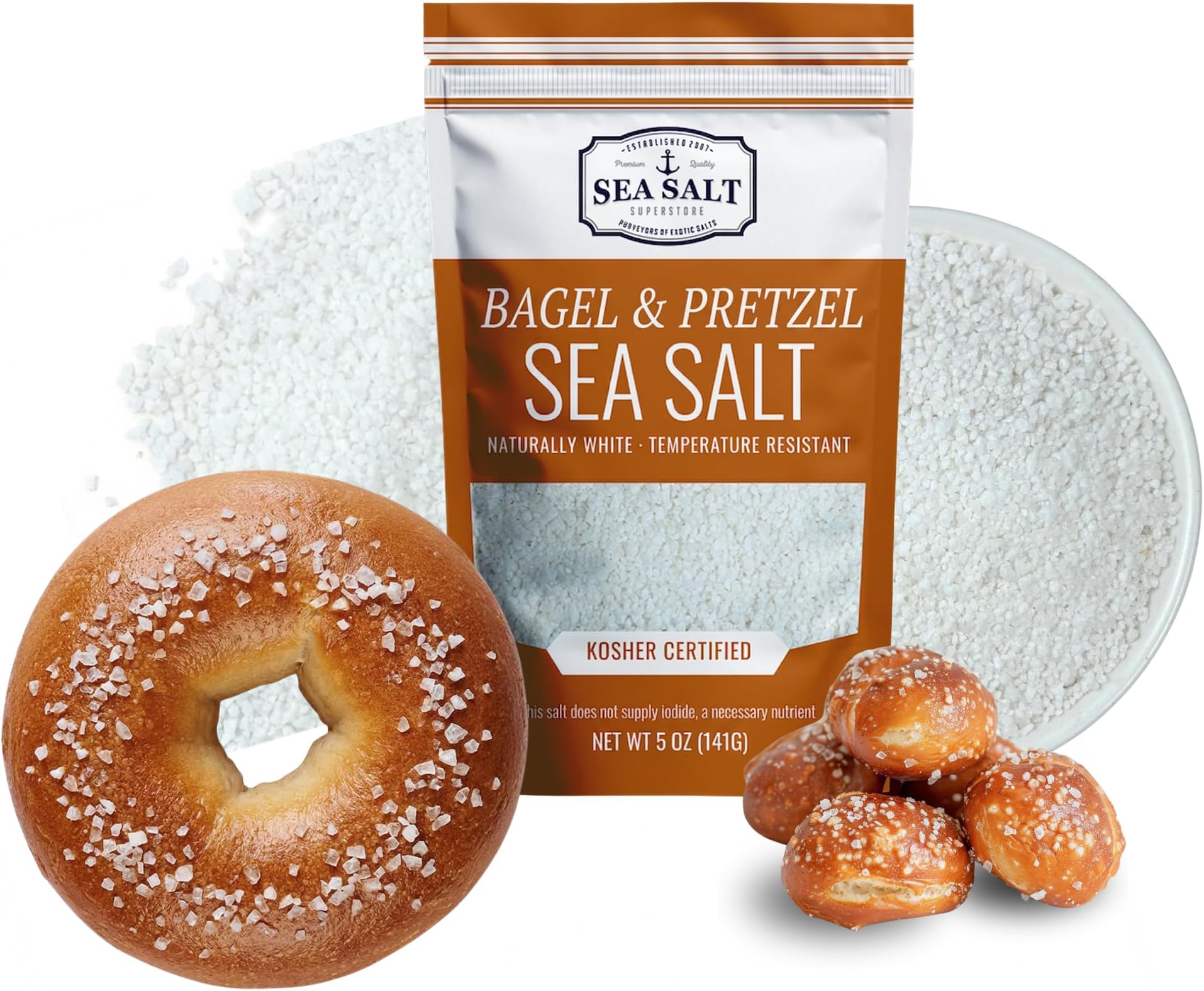 Pretzel Coarse Sea Salt for Soft Pretzels, Heat Resistant Bagel and Soft Pretzel Salt, All Natural for Baking, 5 oz Bag